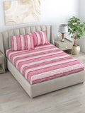 DREAM WEAVERZ Pink Striped Pure Cotton 220 TC King Bedsheet With 2 Pillow Covers