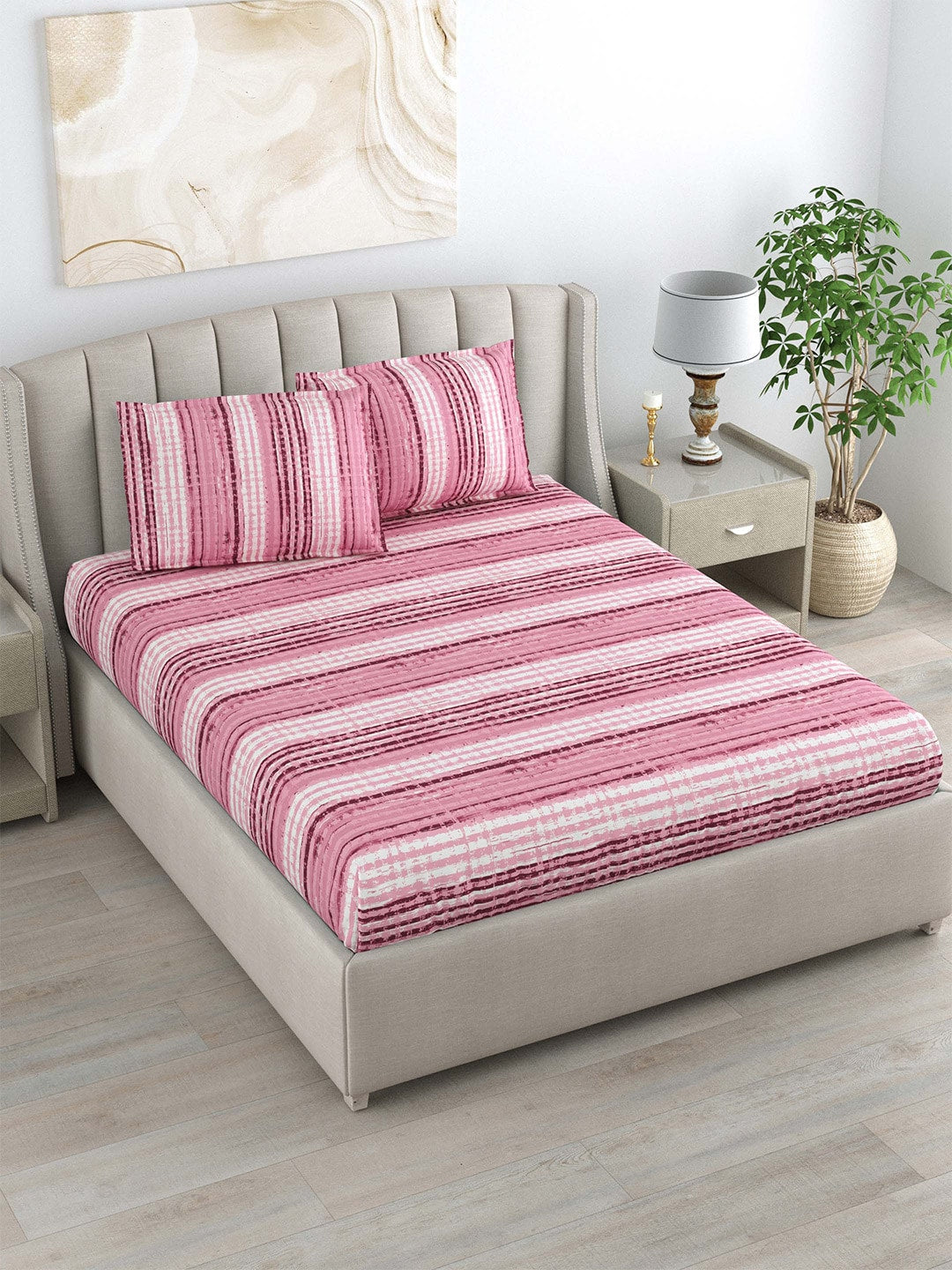 DREAM WEAVERZ Pink Striped Pure Cotton 220 TC King Bedsheet With 2 Pillow Covers