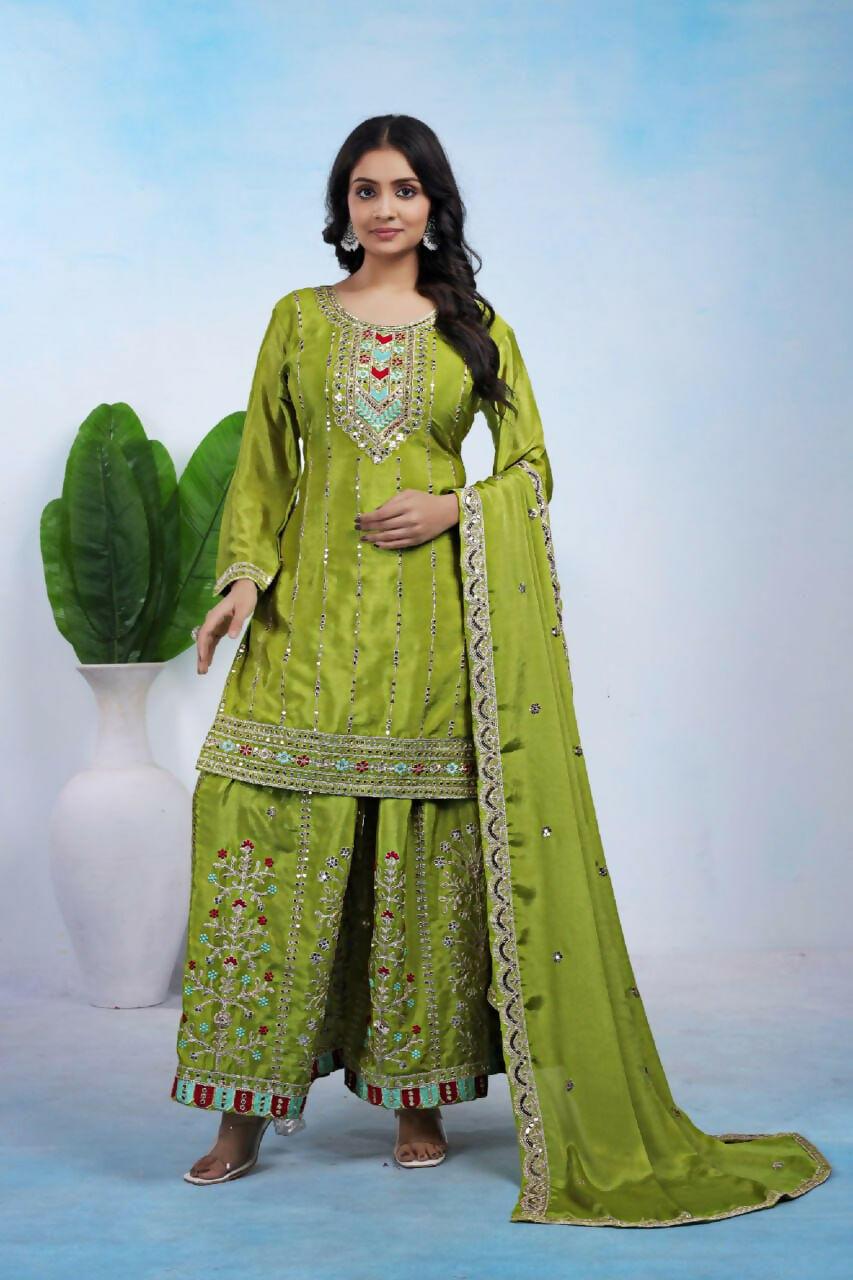 Joban Fashion Green Silk Embroidered Sharara Set