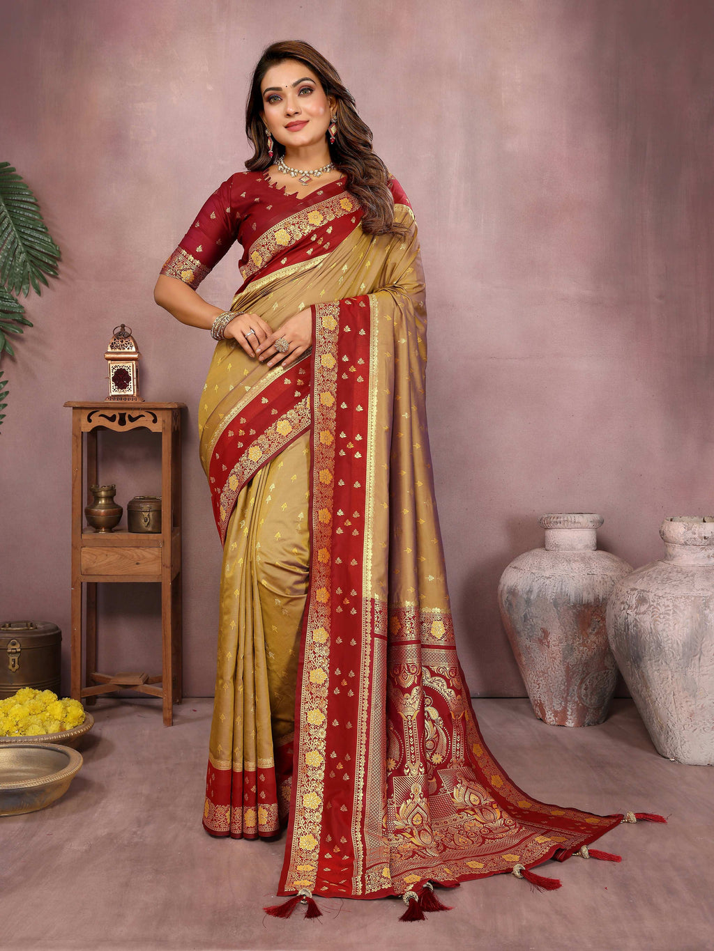 Aastha Fashion Mustard Kalamkari Silk Zari Woven Saree