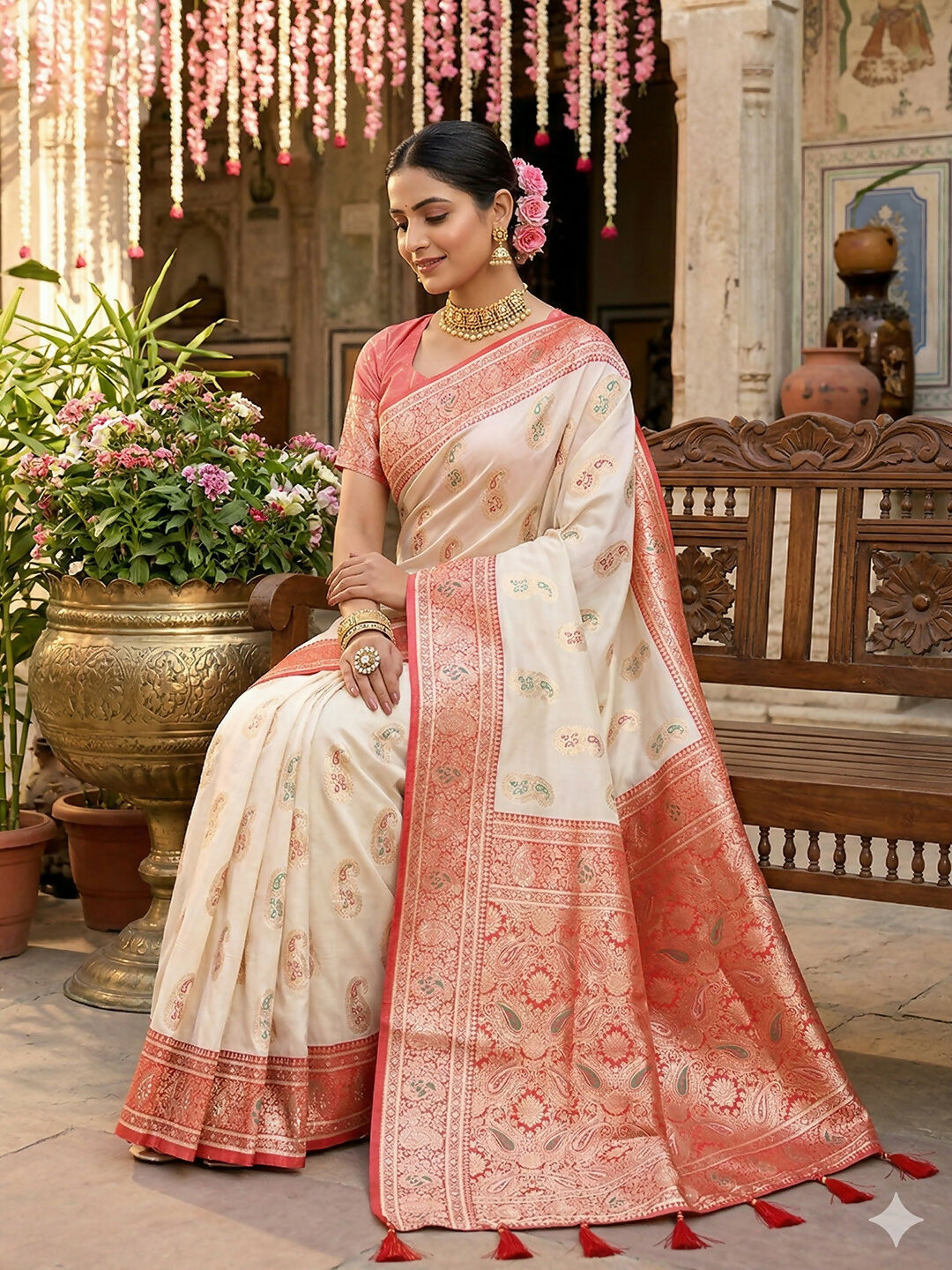 Shree Shyam Fashion White Silk Blend Saree