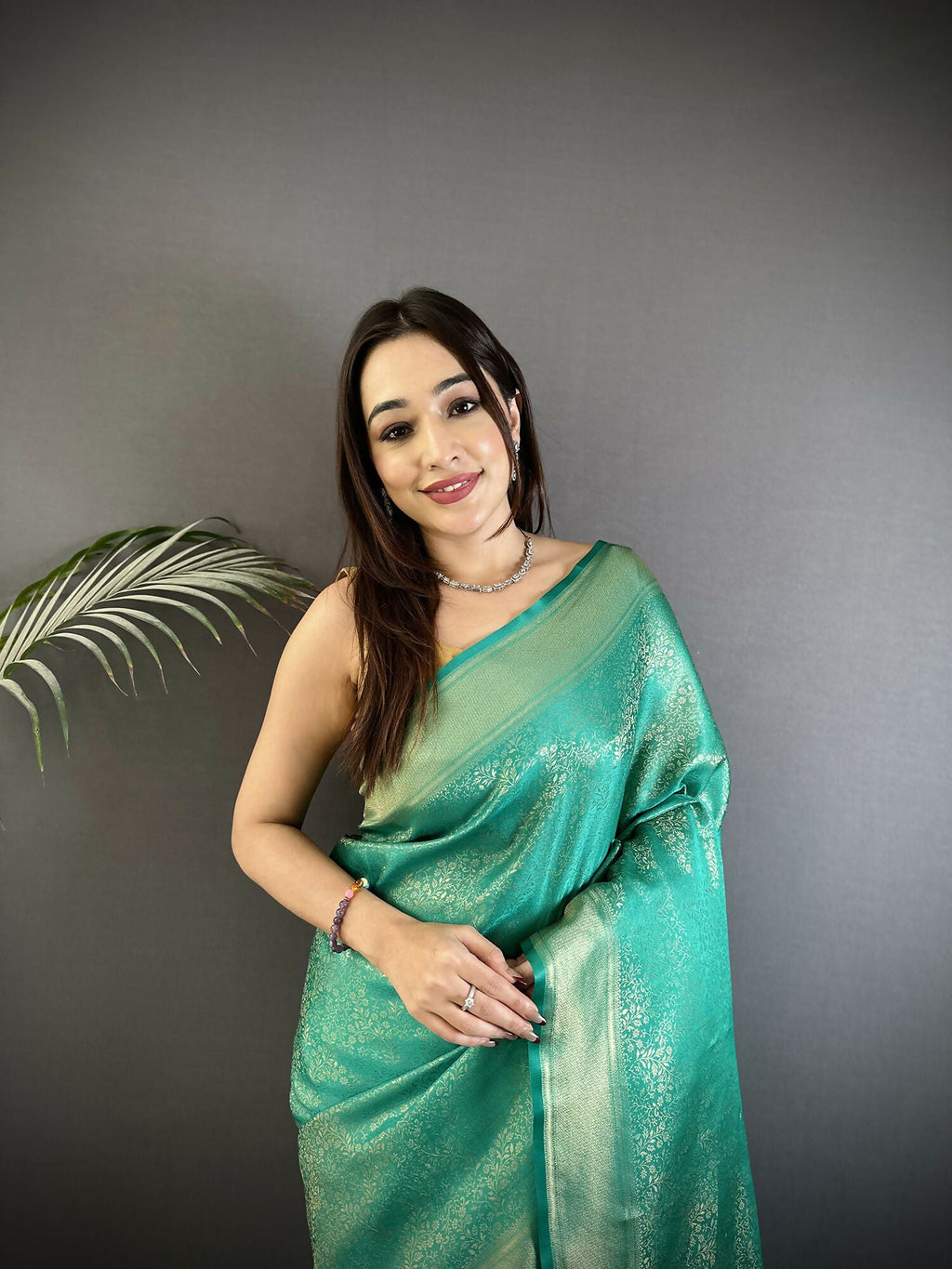 Joban Fashion Teal Floral Motifs & Ethnic Design Soft Satin Silk Kanchipuram Saree