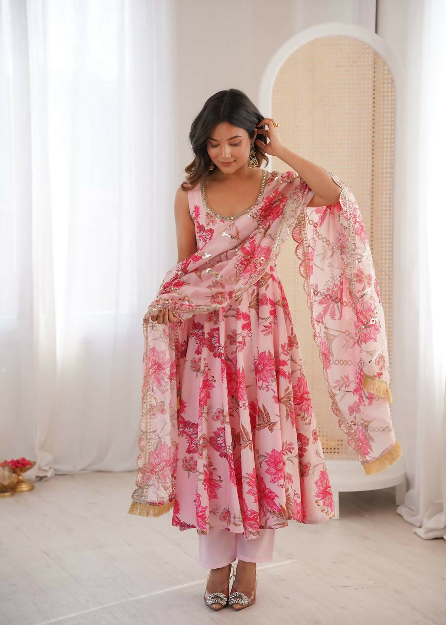 Teeya Creation Pink Pure Muslin Silk Digital Print Traditional Wear Long Gown