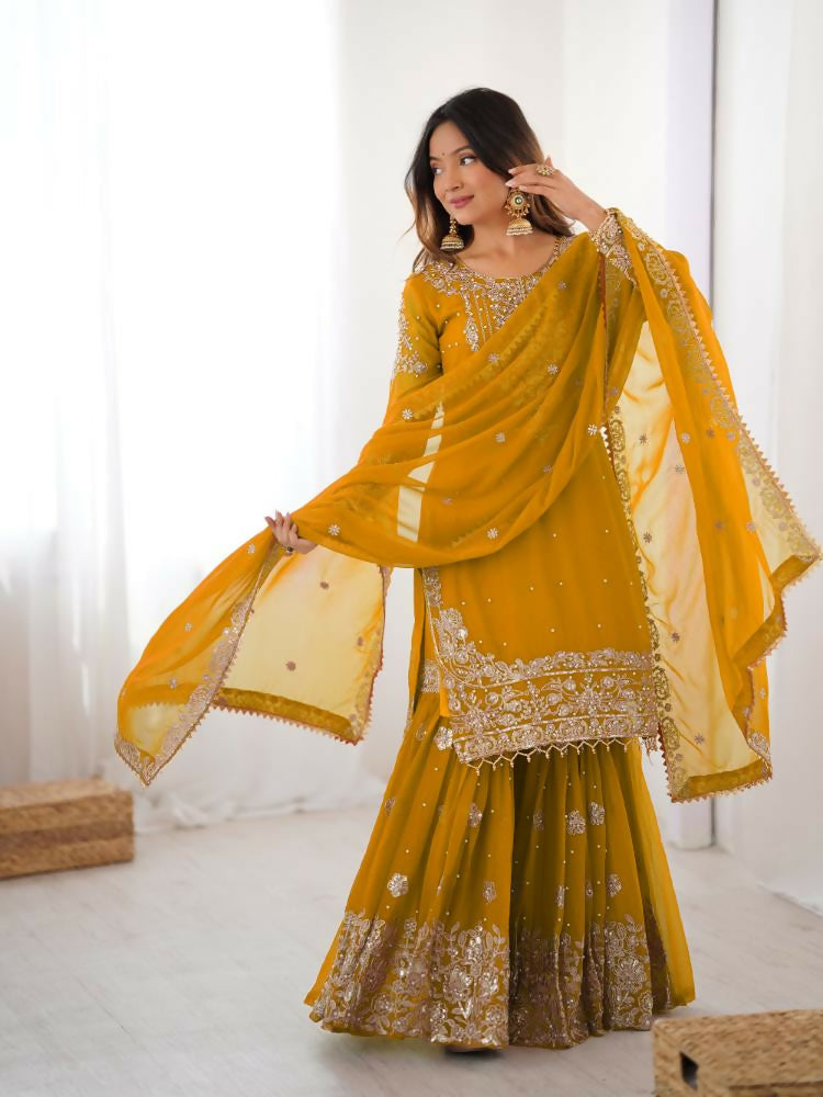 Lehenga Mart Designer Sharara Suit With Kurta, Sharara, Dupatta For Women-Yellow