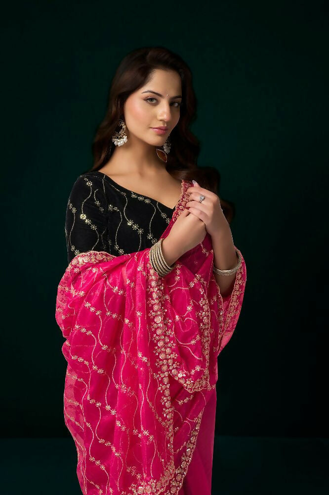 Joban Fashion Rani Pink Net Party Wear Sarees