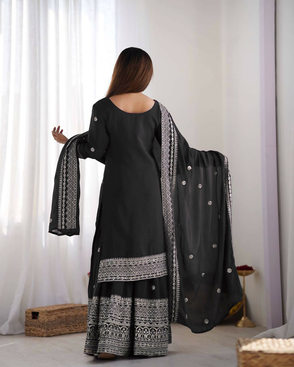 Joban Fashion Black Kurta Set Silk Sequins , Zari, Coding & Thread Embroidered work