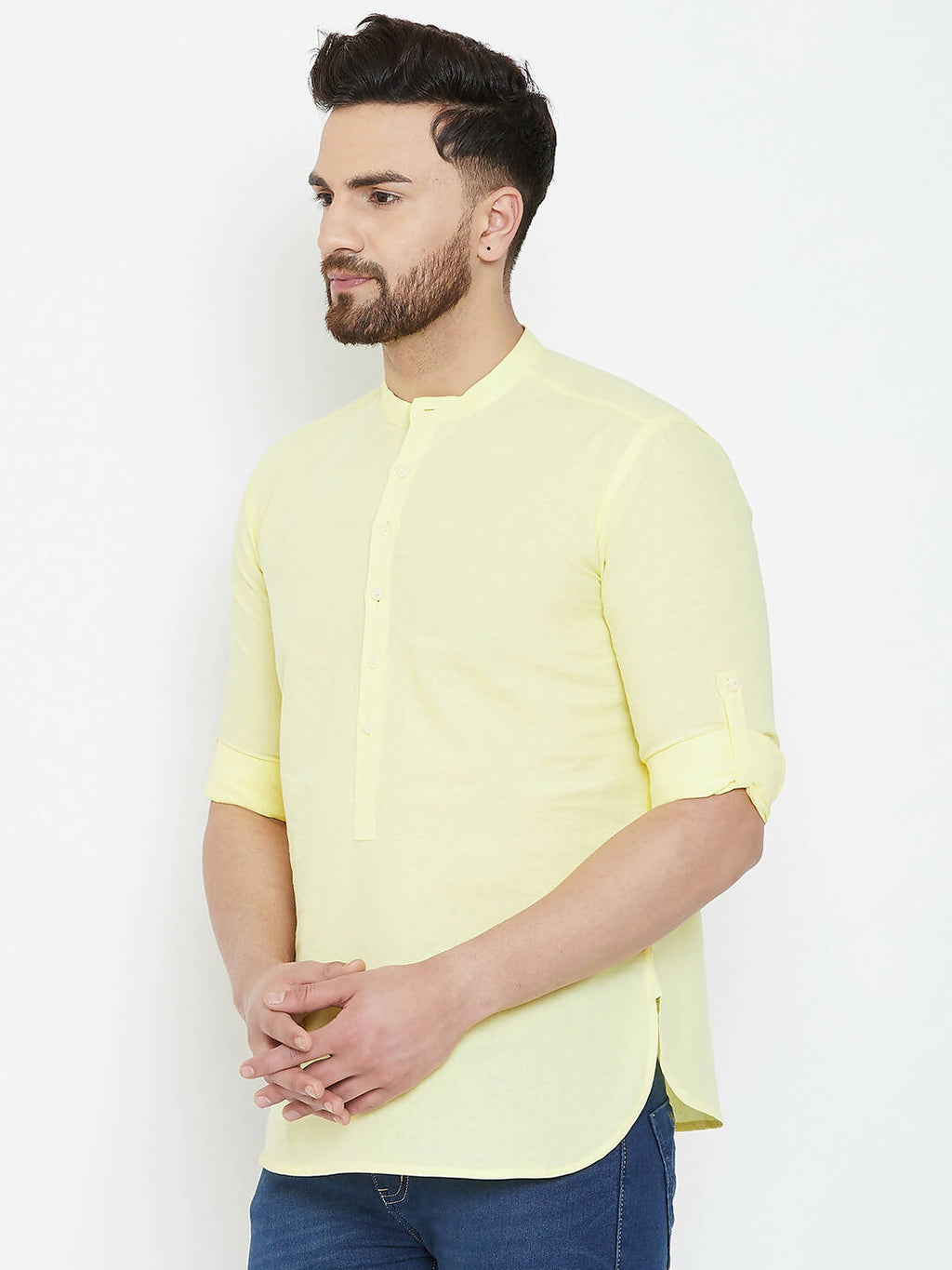Even Apparels Yellow Color Band Collar Pure Cotton Men's Kurta