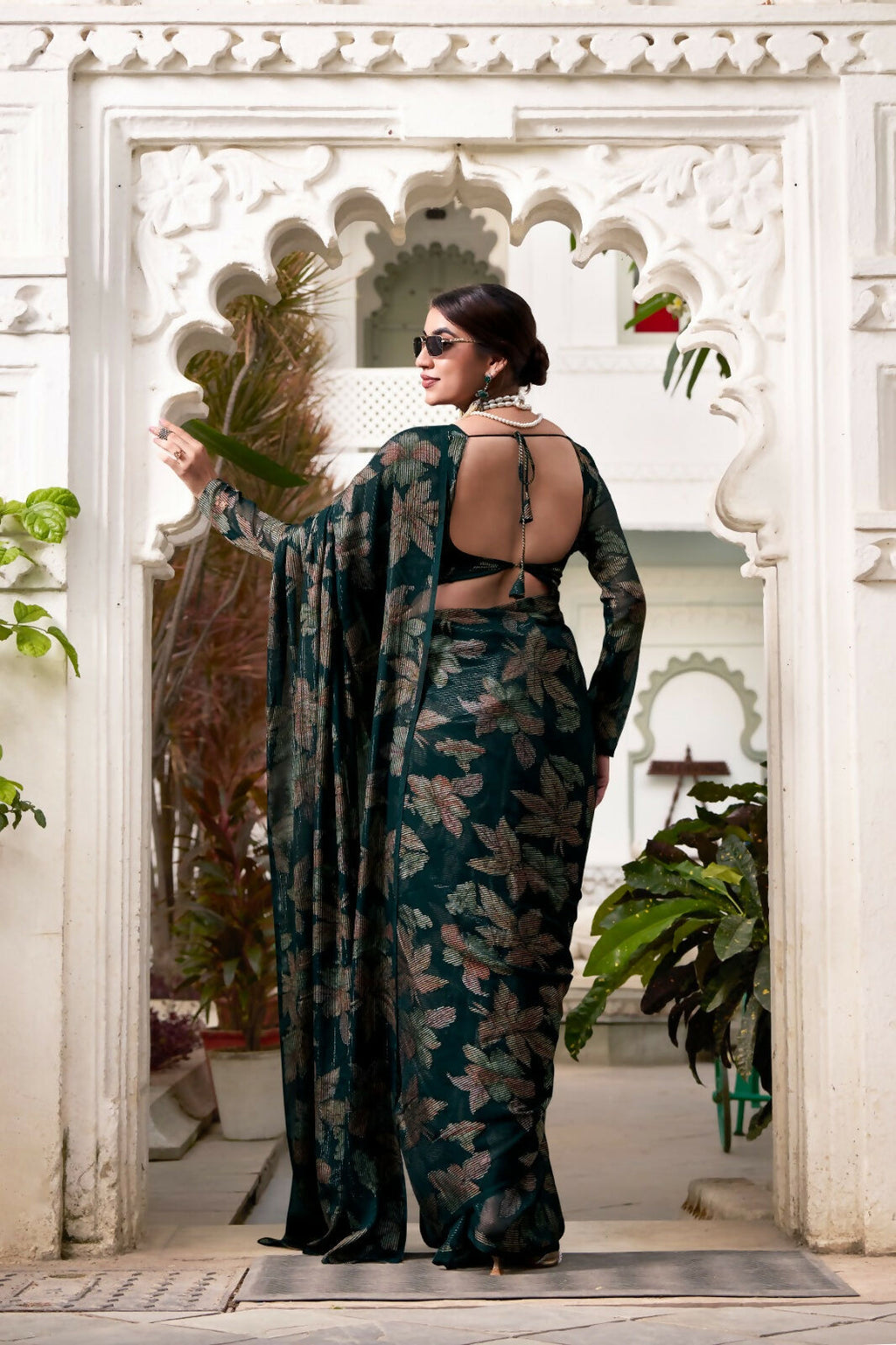 Vastranavya Bottle Green Lurex Brasso Floral Printed Saree with Unstitched Blouse