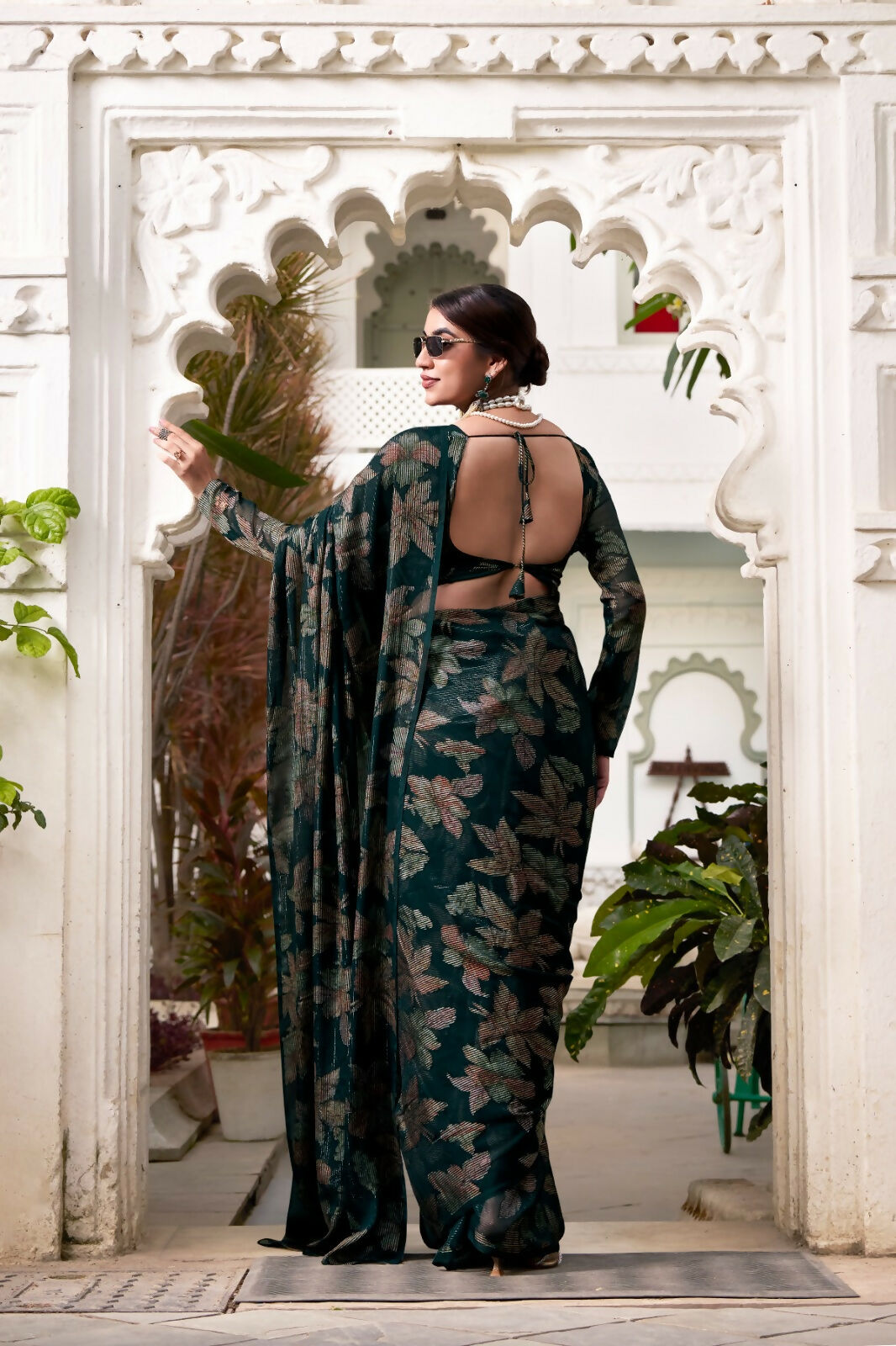 Vastranavya Bottle Green Lurex Brasso Floral Printed Saree with Unstitched Blouse