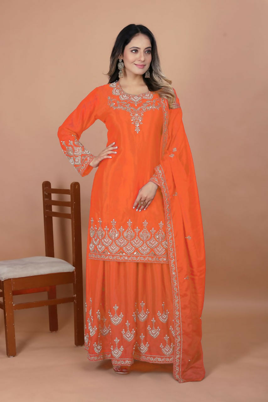 Joban Fashion Orange Silk Embroidered Sharara Set