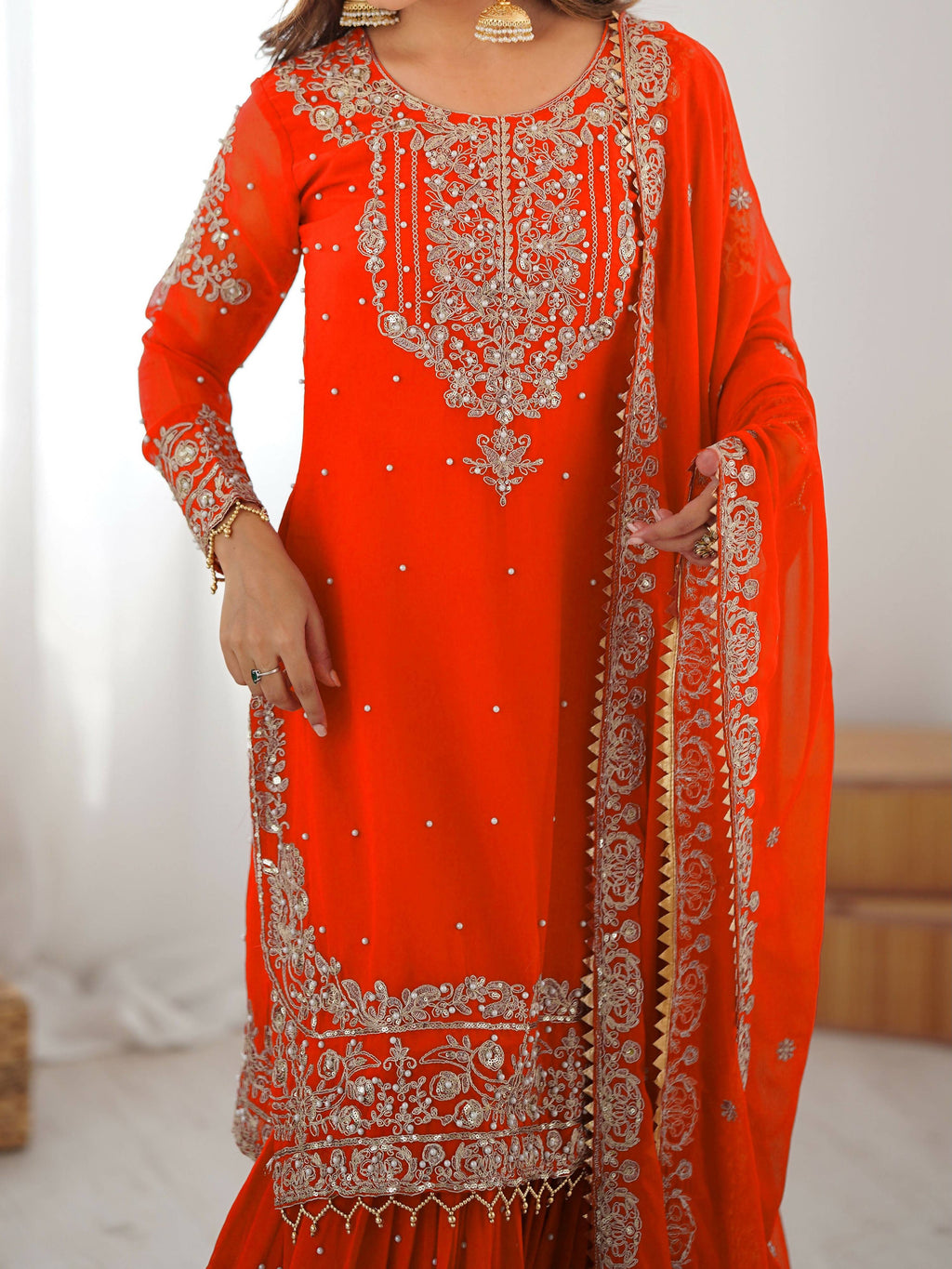 Lehenga Mart Designer Sharara Suit With Kurta, Sharara, Dupatta For Women-Orange