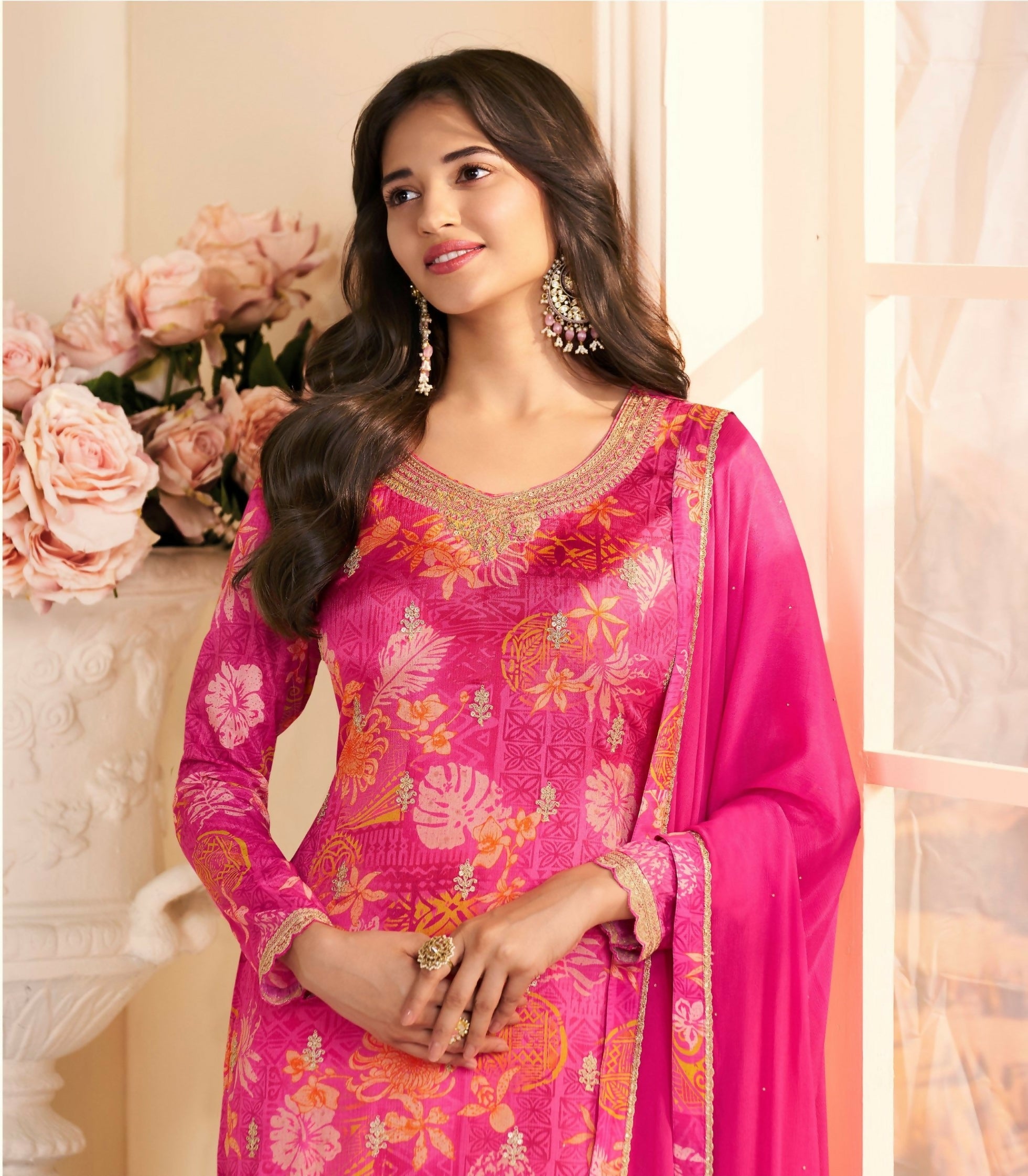 Anaita Magenta Chinon Stitched Suit with Multi Digital Print