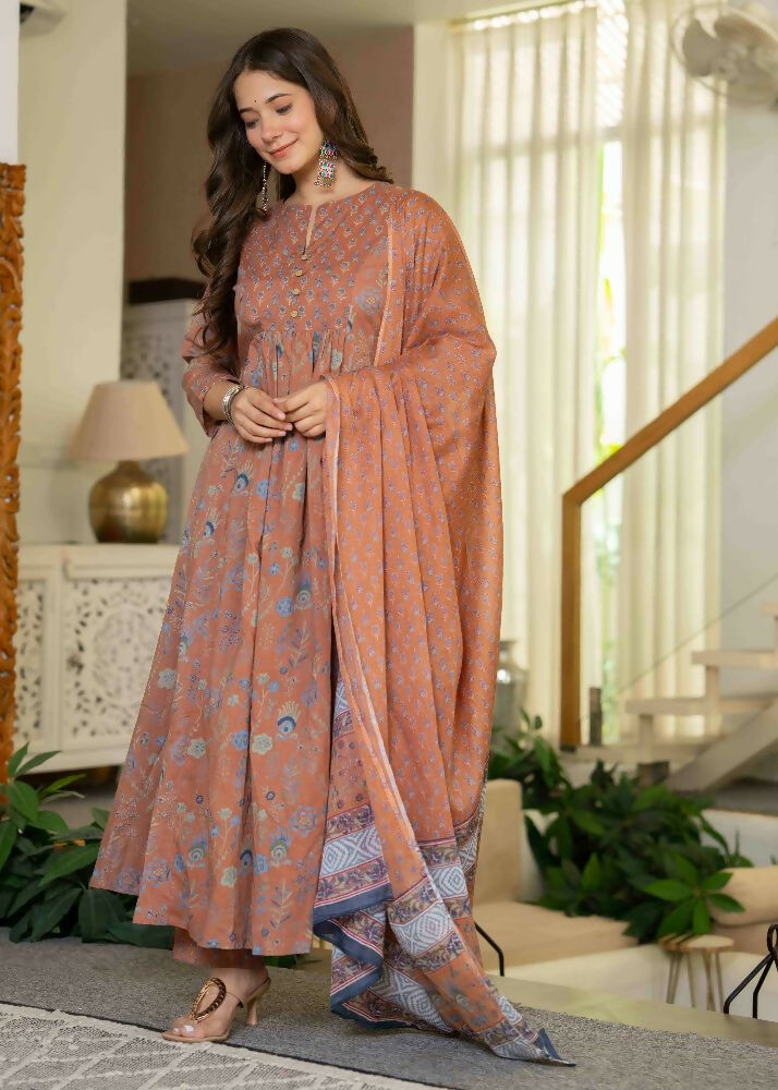 Jaimini Women Cotton Printed Round Neck 3/4 Sleeves Calf Length Flared Kurta Pant And Dupatta Set