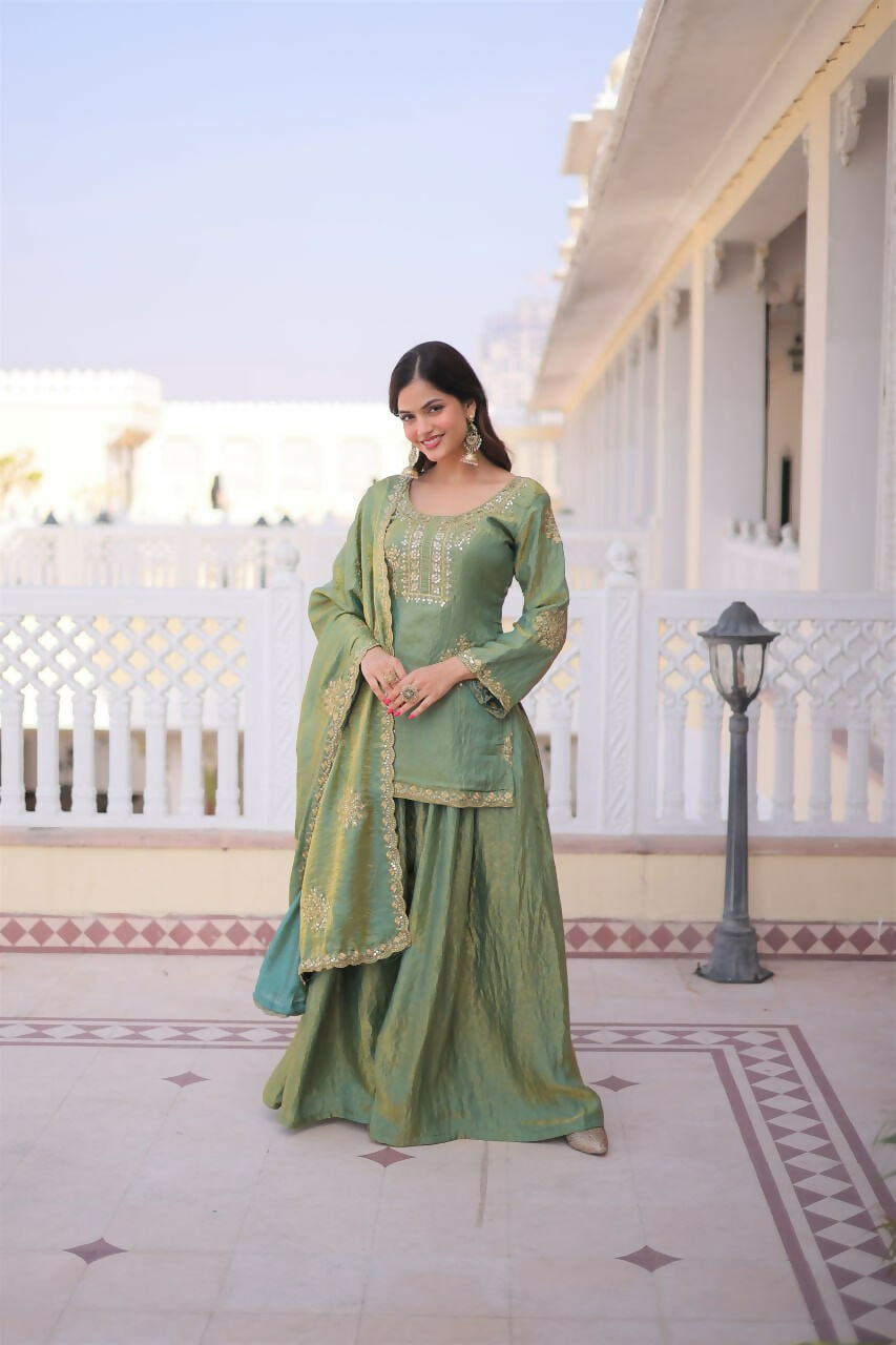 Teeya Creation Womens New Stylish Fendi Crush With Zari Sequins Embroidered Work Kurta Set
