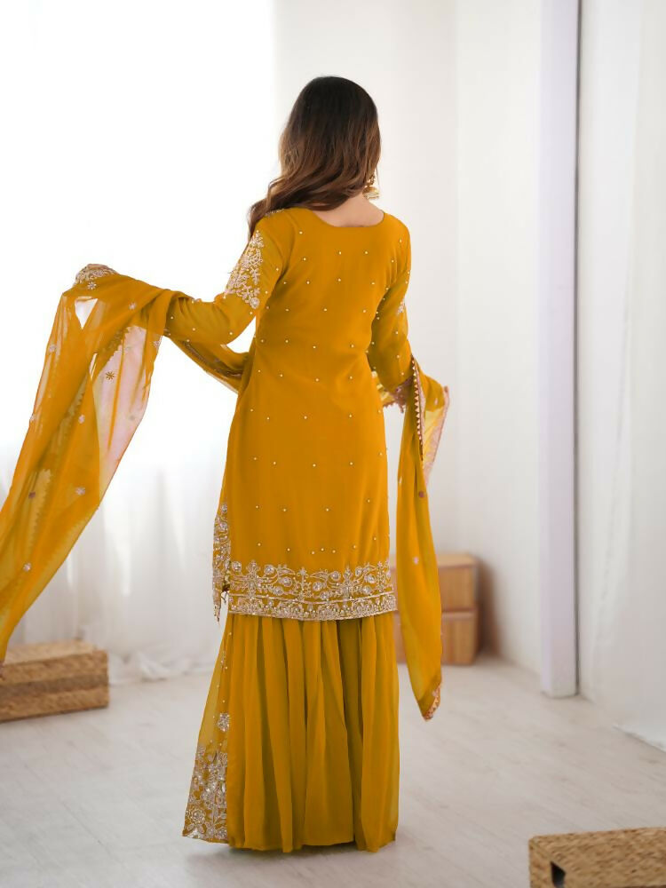 Lehenga Mart Designer Sharara Suit With Kurta, Sharara, Dupatta For Women-Yellow