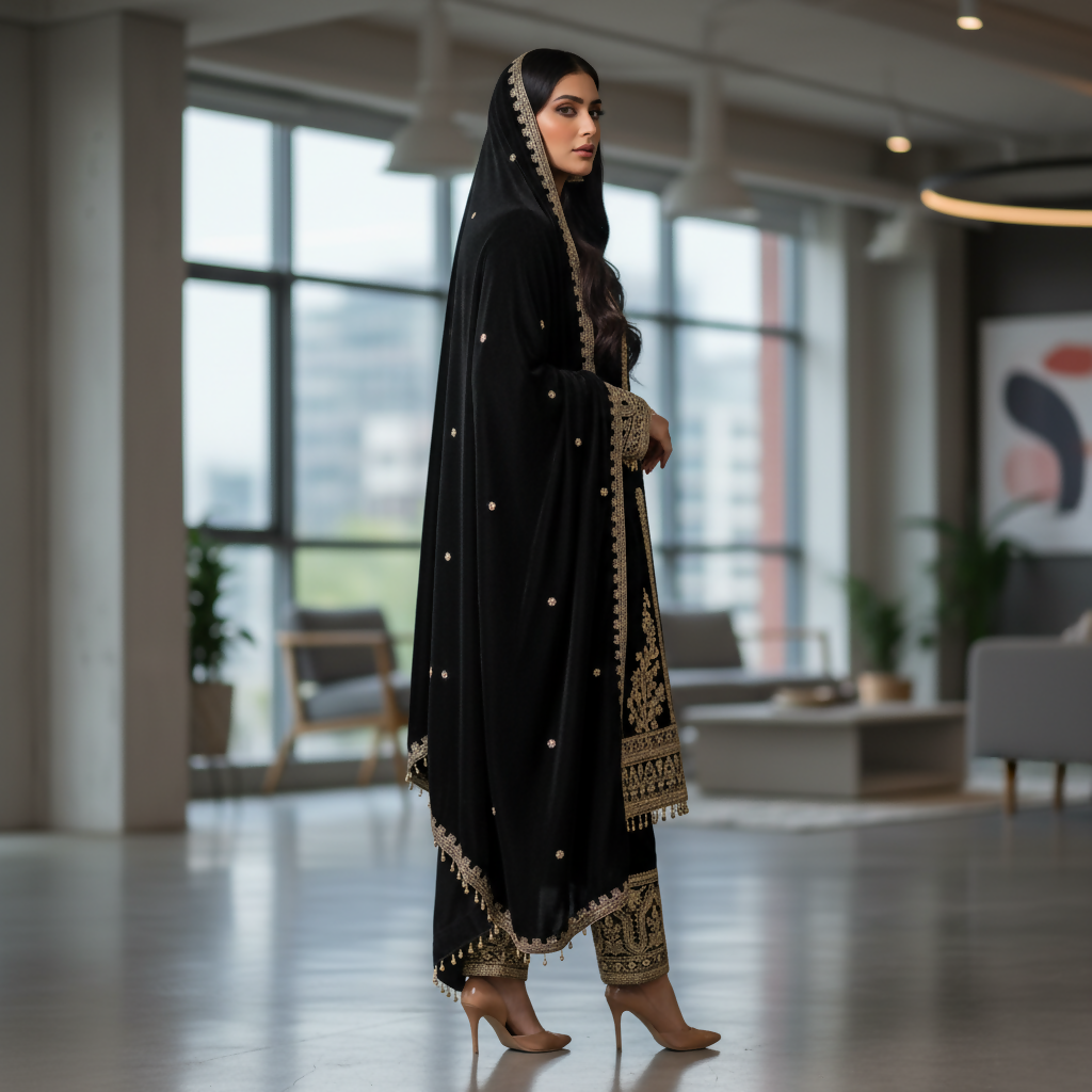 Joban Fashion Black Kurta Set Velvet Embroidery Sequence Work