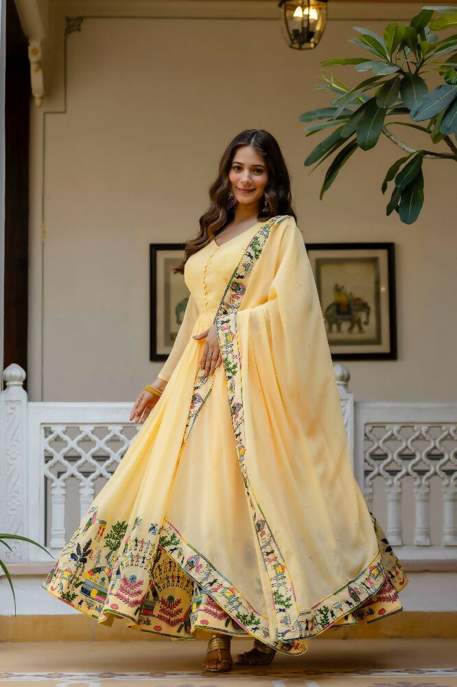 Teeya Creation Yellow Color Faux Georgette Heavy Embroidery Work Party Wear Long Gown