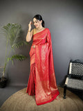 Joban Fashion Red Floral & Paisley Motifs Soft Satin Silk Banarasi Saree