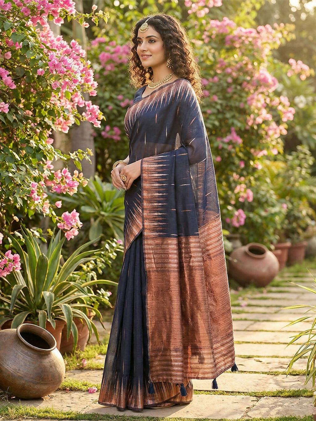 Shree Shyam Fashion Navy Blue Linen Cotton Saree