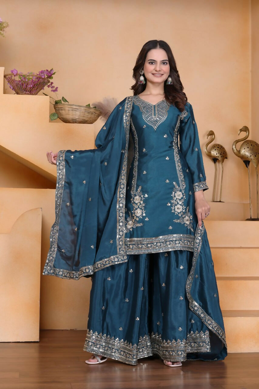 Joban Fashion Teal Crepe Embroidered Sharara Set
