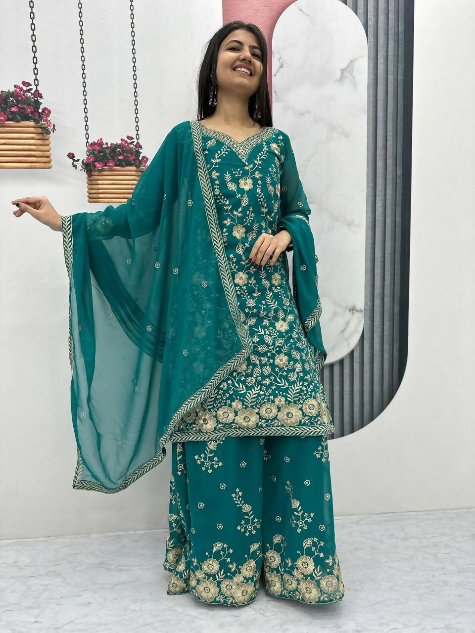 Teeya Creation Womens New Heavy Fox Georgette Fabric With Heavy Embroidery Work Green Kurta Set
