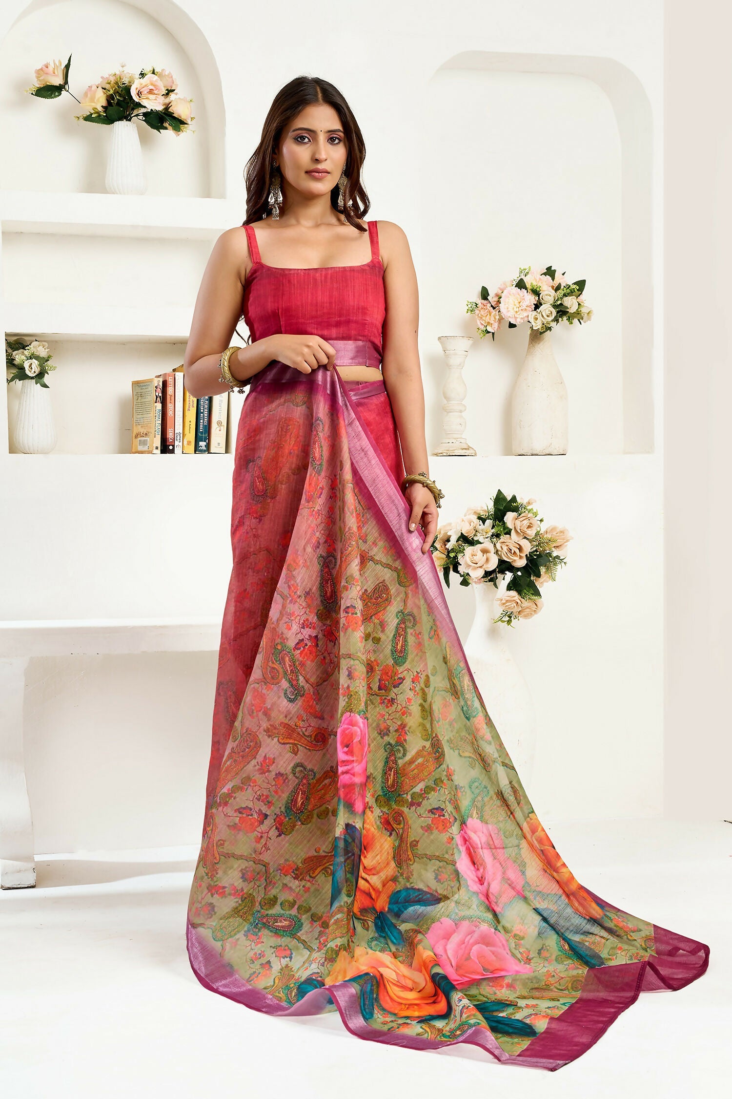 Joban Fashion  Onion Pink Floral Linen Ready To Wear Saree With Unstitched Blouse