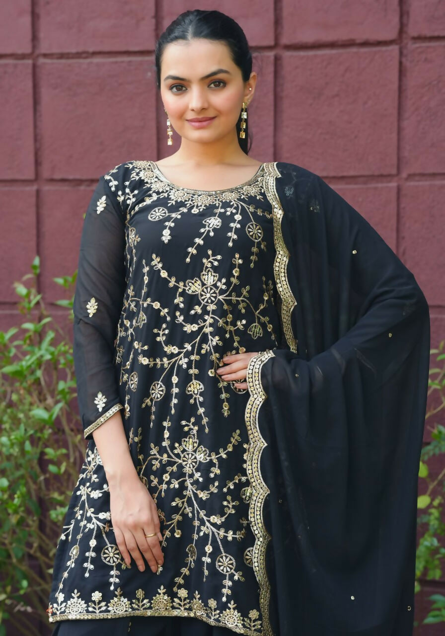 Joban Fashion Black Georgette Embroidered Sharara Set
