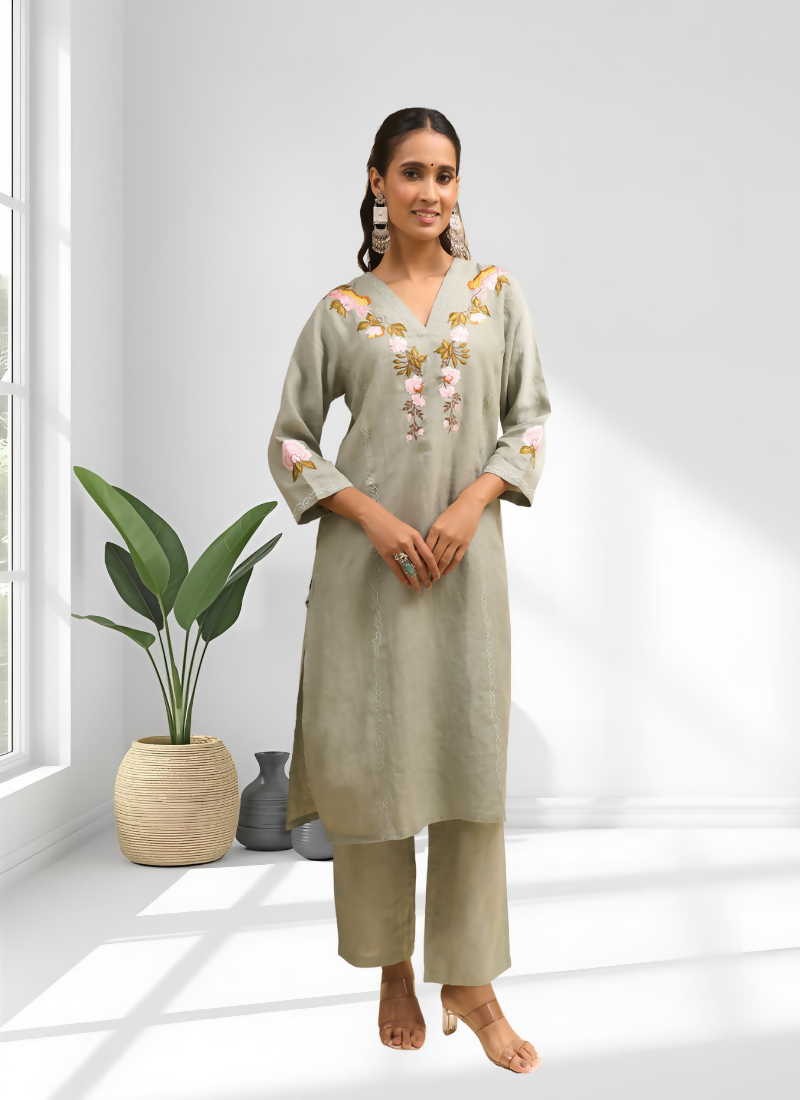 Joban Fashion Pista Green Linen Embroidered Readymade Cord Set