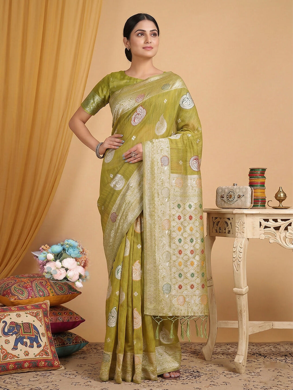 Shree Shyam Fashion Mustard Linen Cotton Saree