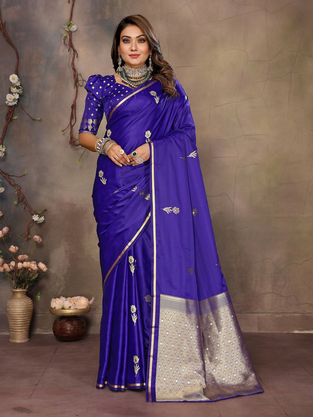 Joban Fashion Indigo Blue Floral & Botanical Motifs Satin Silk Banarasi Silk Saree