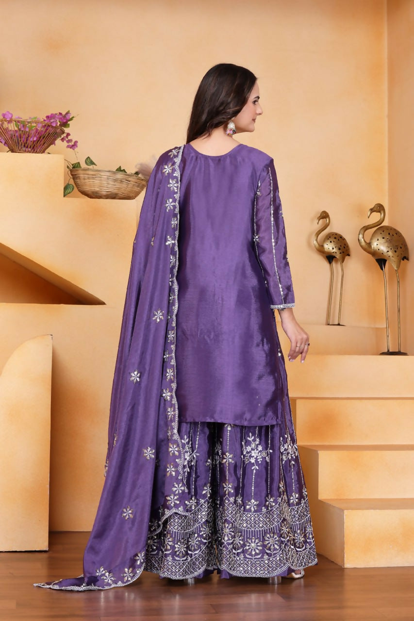 Joban Fashion Purple Silk Embroidered Sharara Set