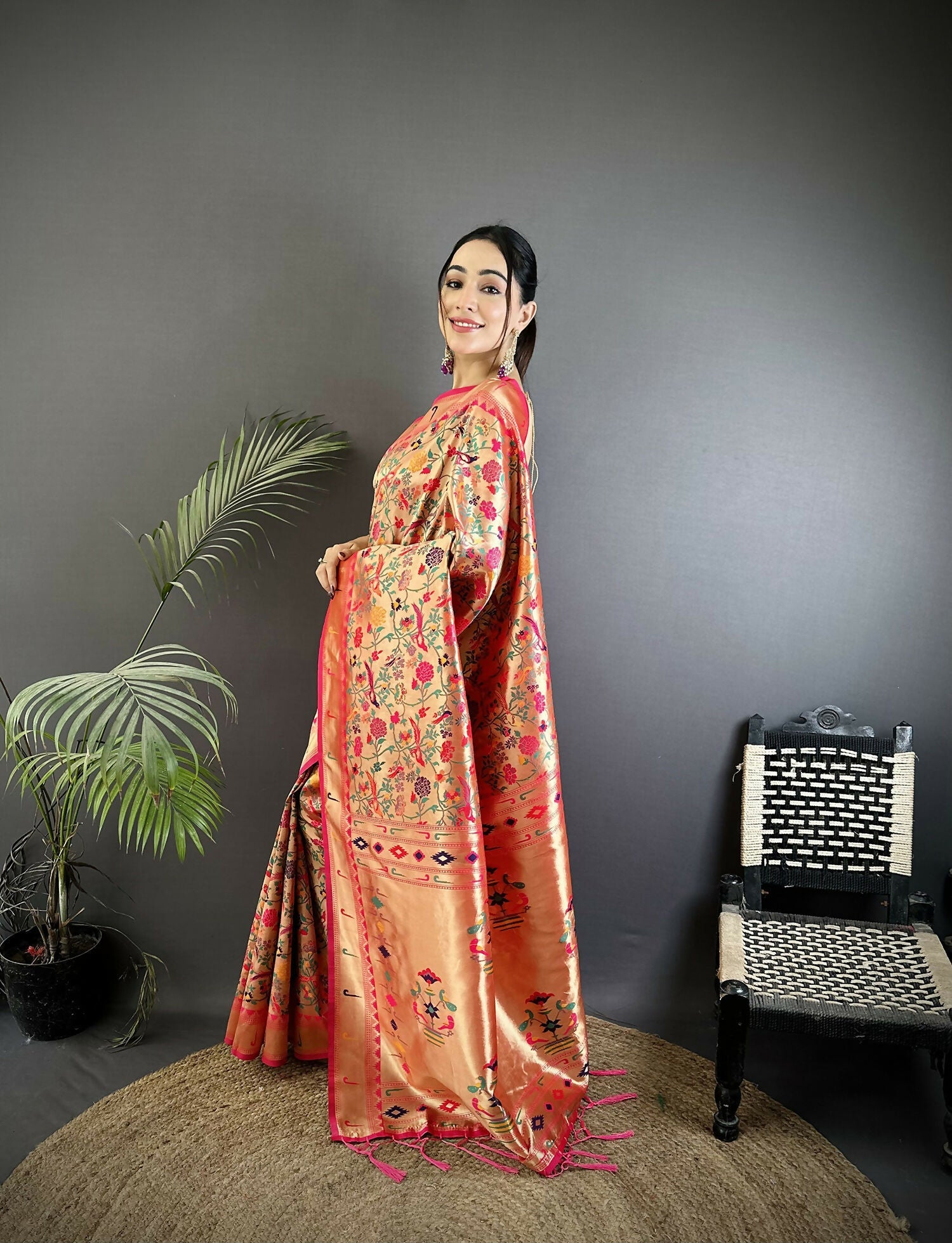 Joban Fashion Rani Pink Floral & Leaf Designs Soft Silk Paithani Saree