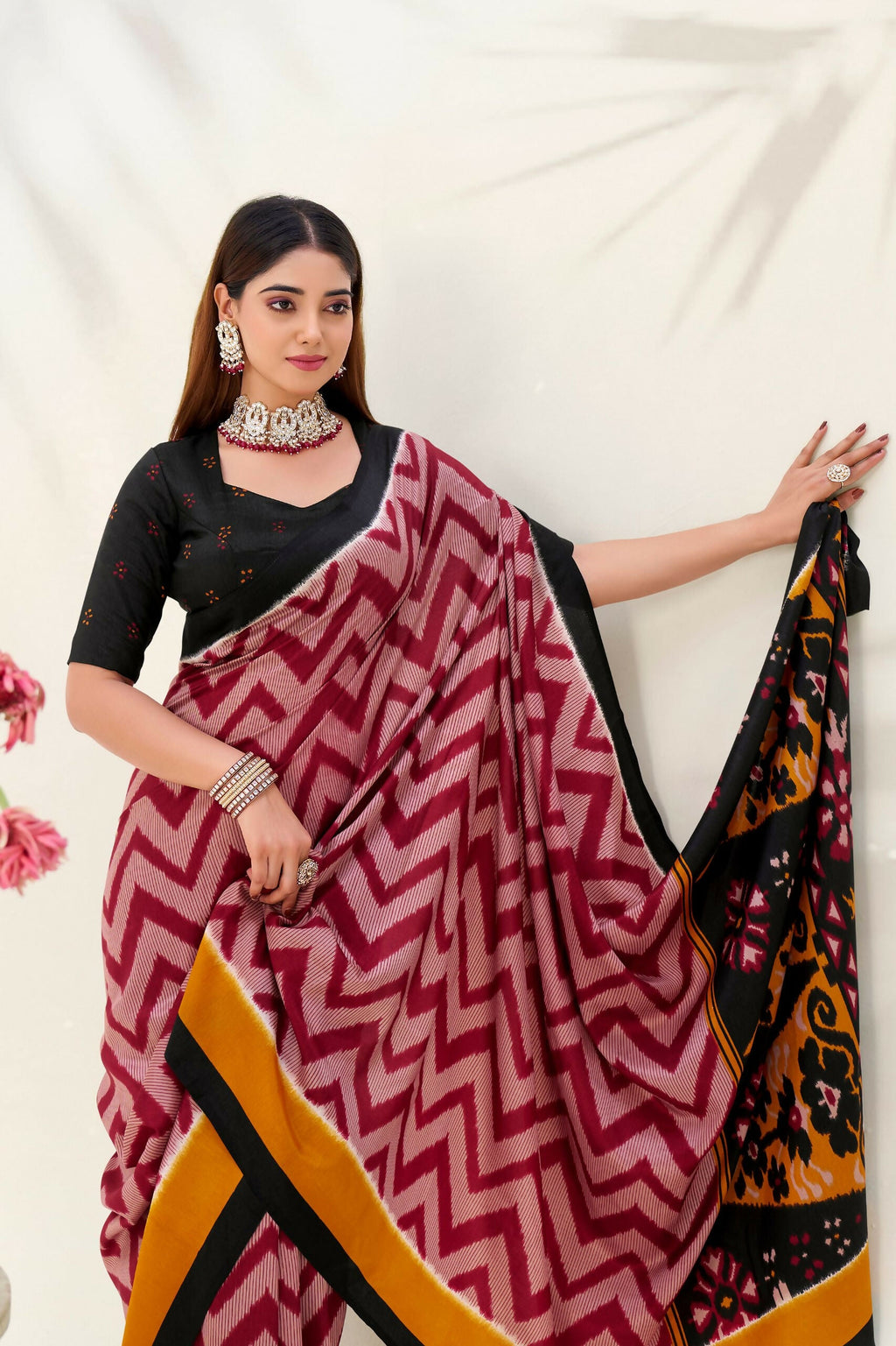 Vastranavya Maroon Tussar Silk Zigzag Waves Printed Saree with Unstitched Blouse