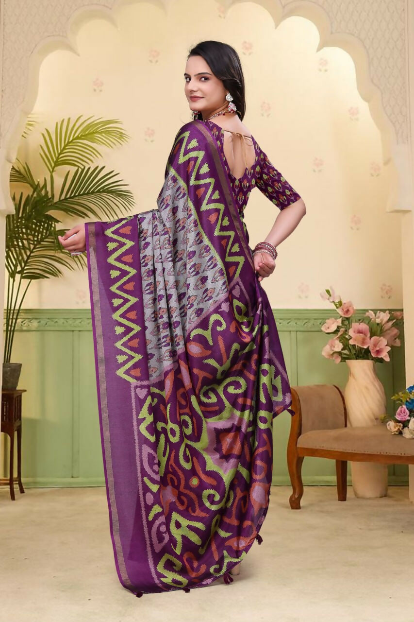 Prime Volt Mal Cotton Purple Ethnic Printed Saree with Designer Blouse Piece