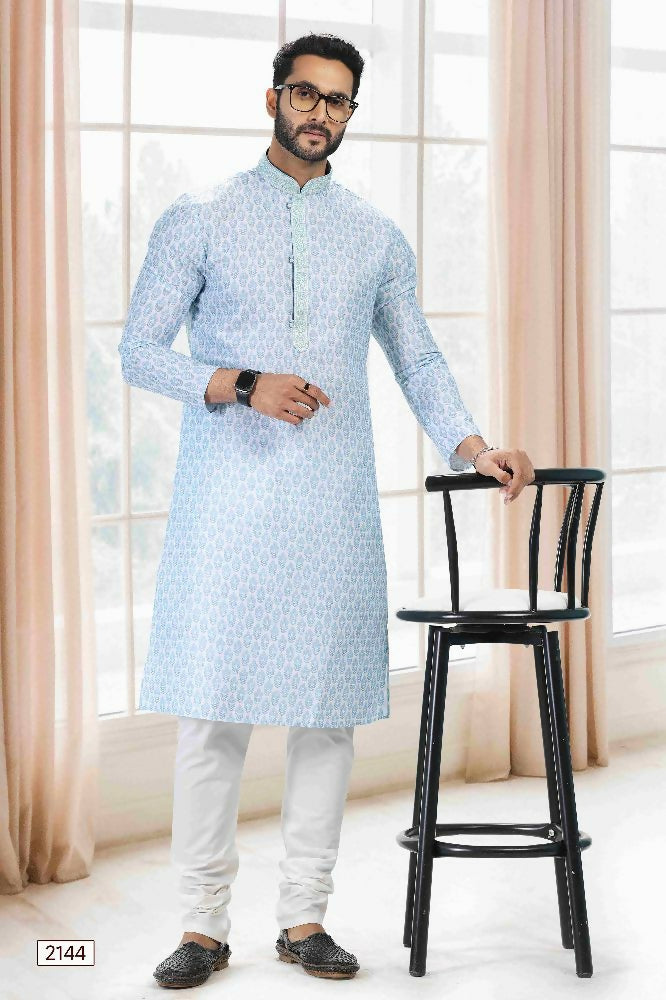 Raivat Ethnic Cotton Thread Work Kurta Pajama In Sky Blue Colour