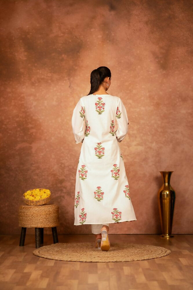 Joban Fashion Off White Pink Floral Hand Block Printed Cotton Kurta Pant Set