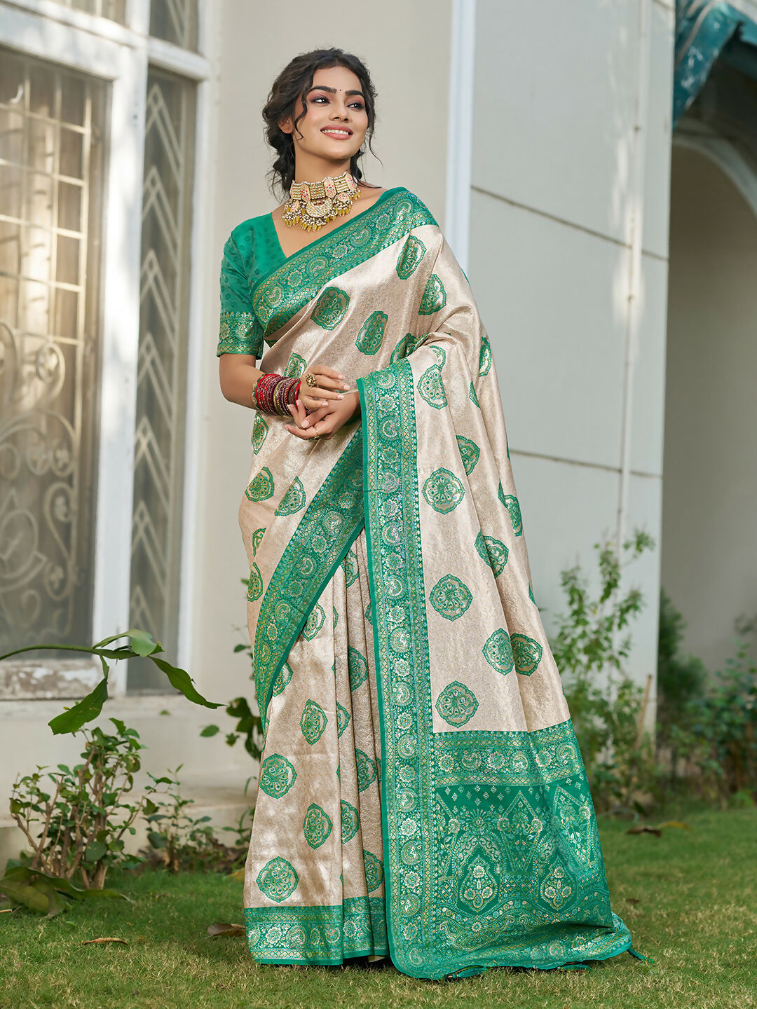 Shree Shyam Fashion Cream With Sea Green Silk Blend Saree