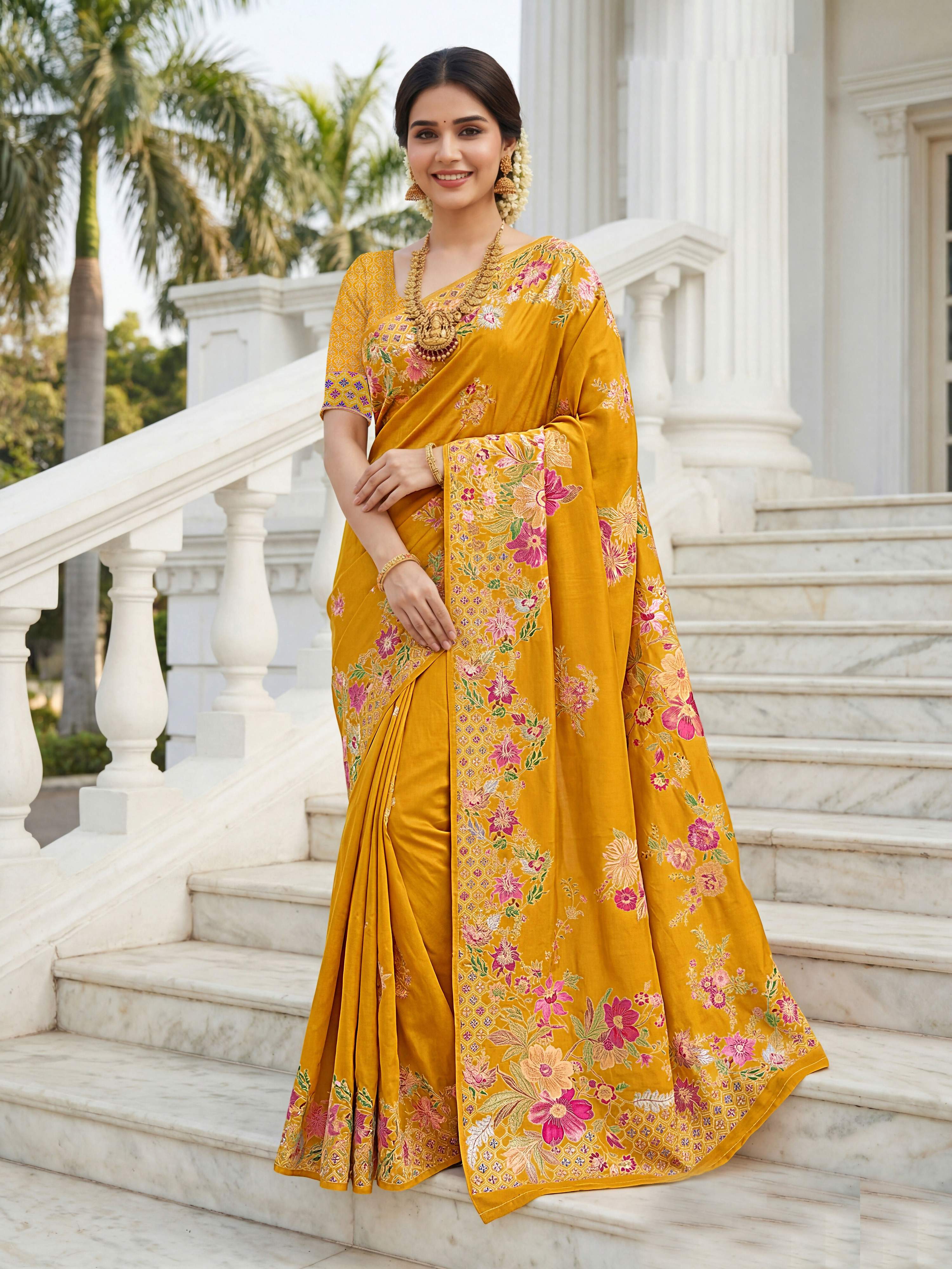 Aastha Fashion Mustard Premium Russian Silk Designer Floral Position Print Saree