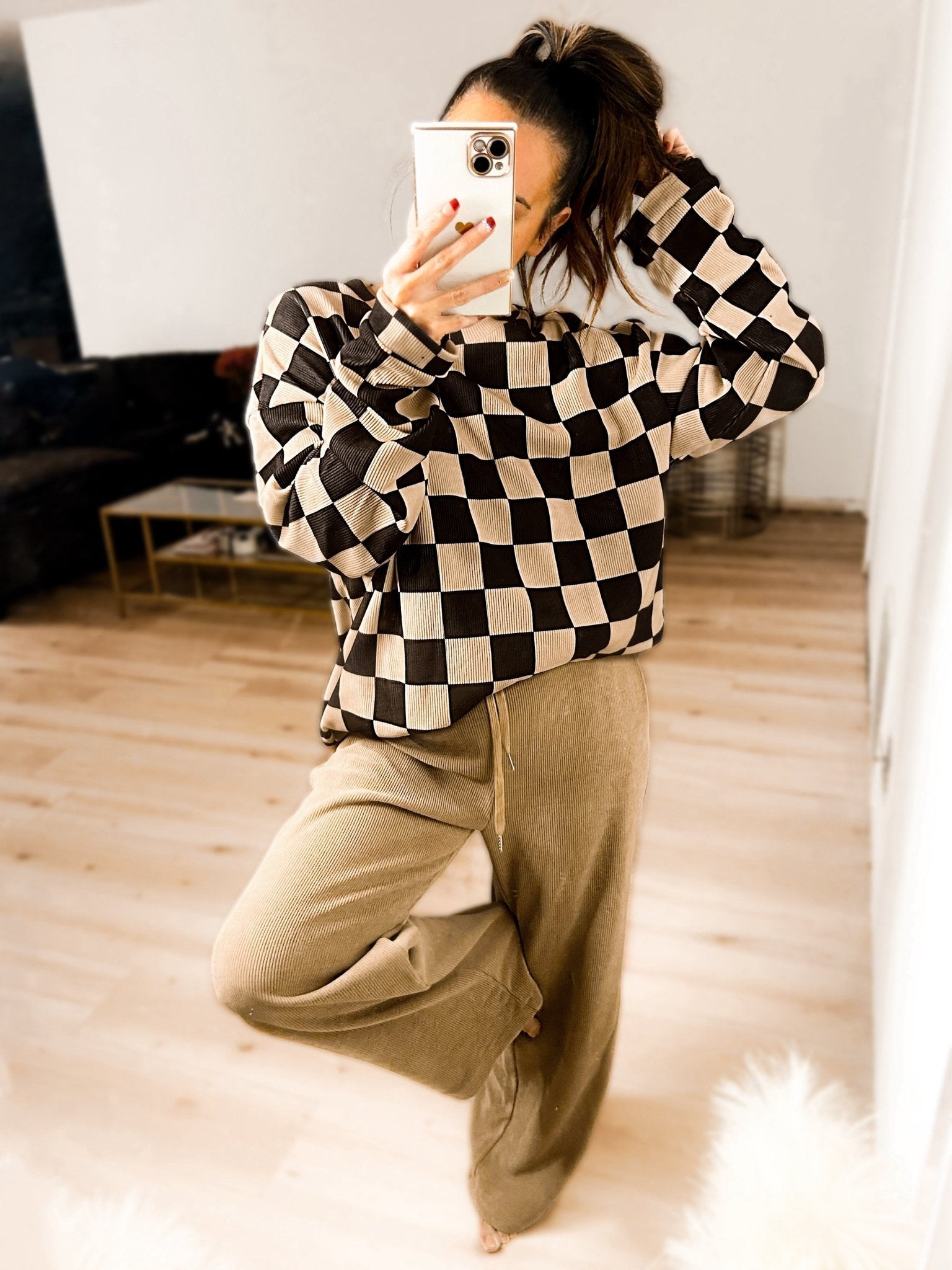 Checkered Corded Crew Sweater Set