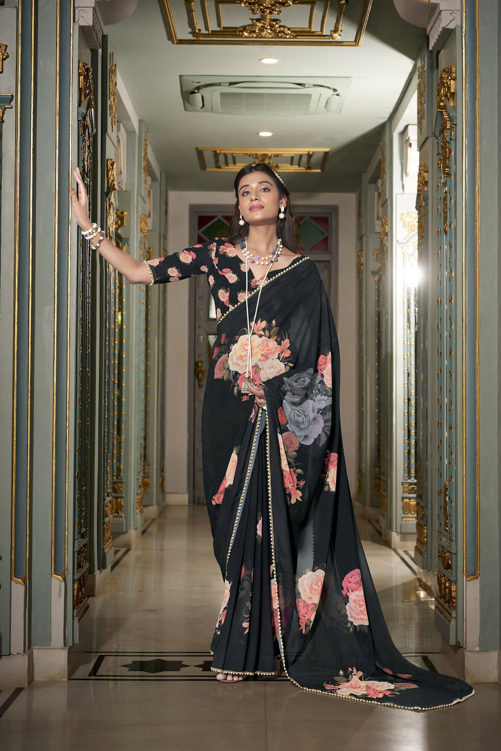 Vastranavya Black Spectacular Georgette Printed with Pearl Lace Saree with Unstitched Blouse