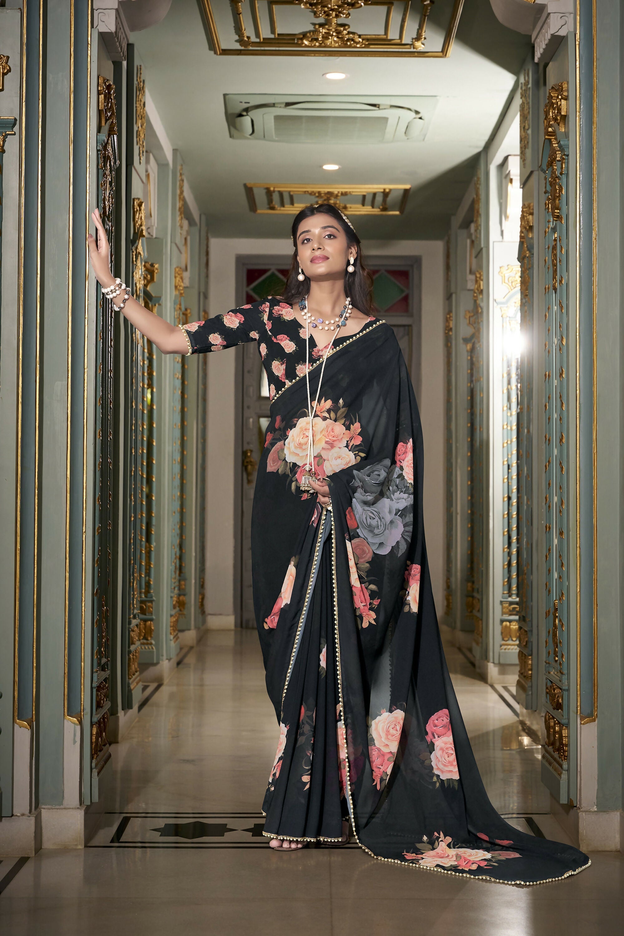 Vastranavya Black Spectacular Georgette Printed with Pearl Lace Saree with Unstitched Blouse