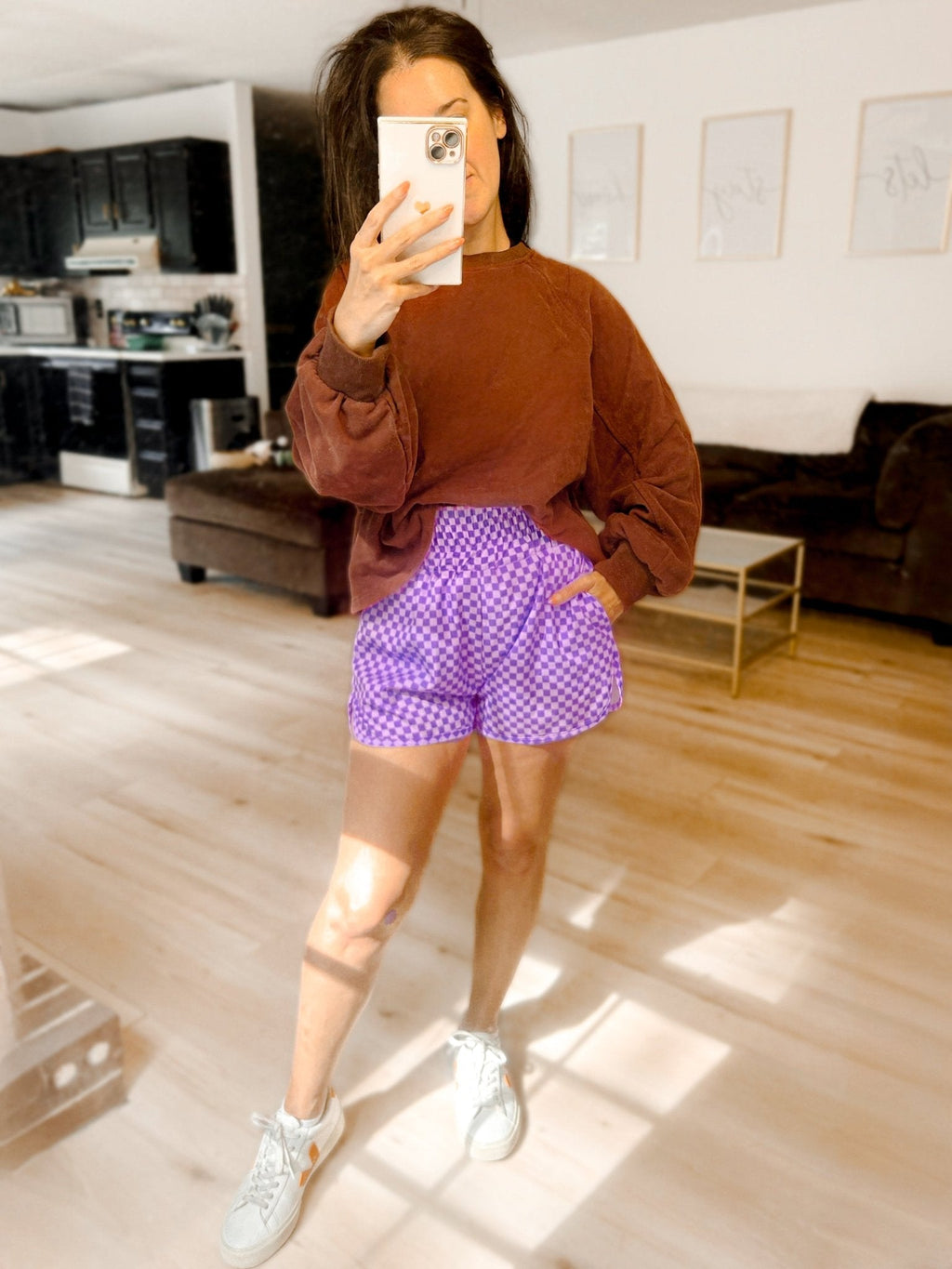Checkered Tummy Control Athletic Shorts with Pockets