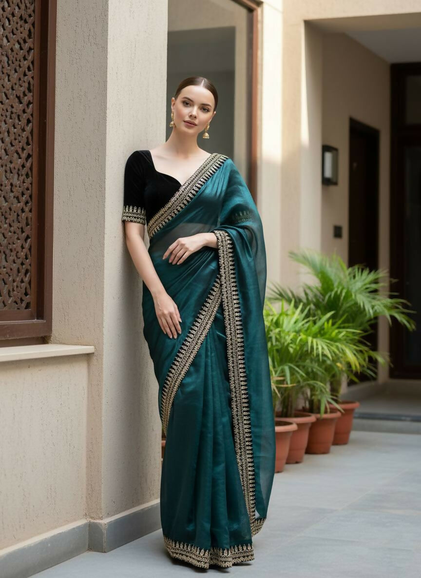 Joban Fashion Petrol Soft twill Net Party Wear Sarees