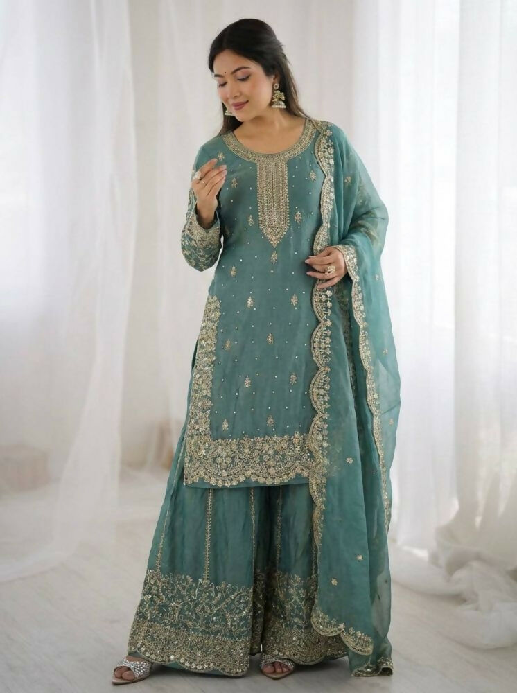 Teeya Creation Turquoise Color Fendy Silk Embroidery Work Wedding Wear Salwar Suit