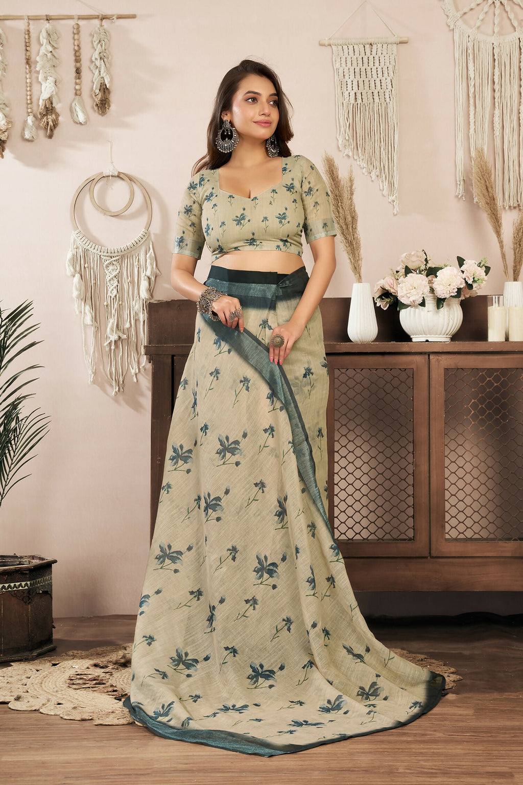 Joban Fashion Beige Floral Linen Ready To Wear Saree With Unstitched Blouse