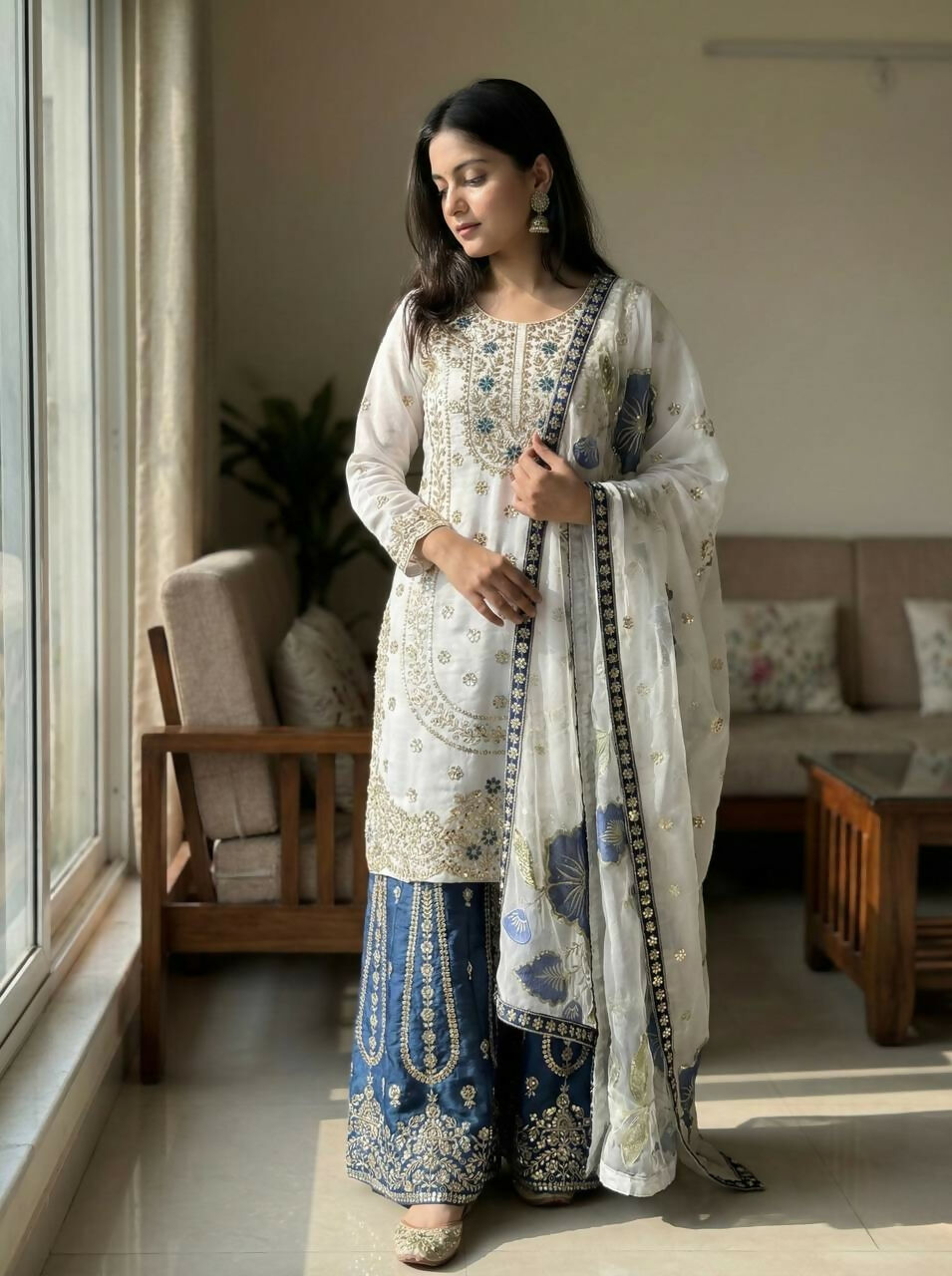Teeya Creation Blue Gimmy Silk Designer Embroidery Work Wedding Wear Palazzo Pair
