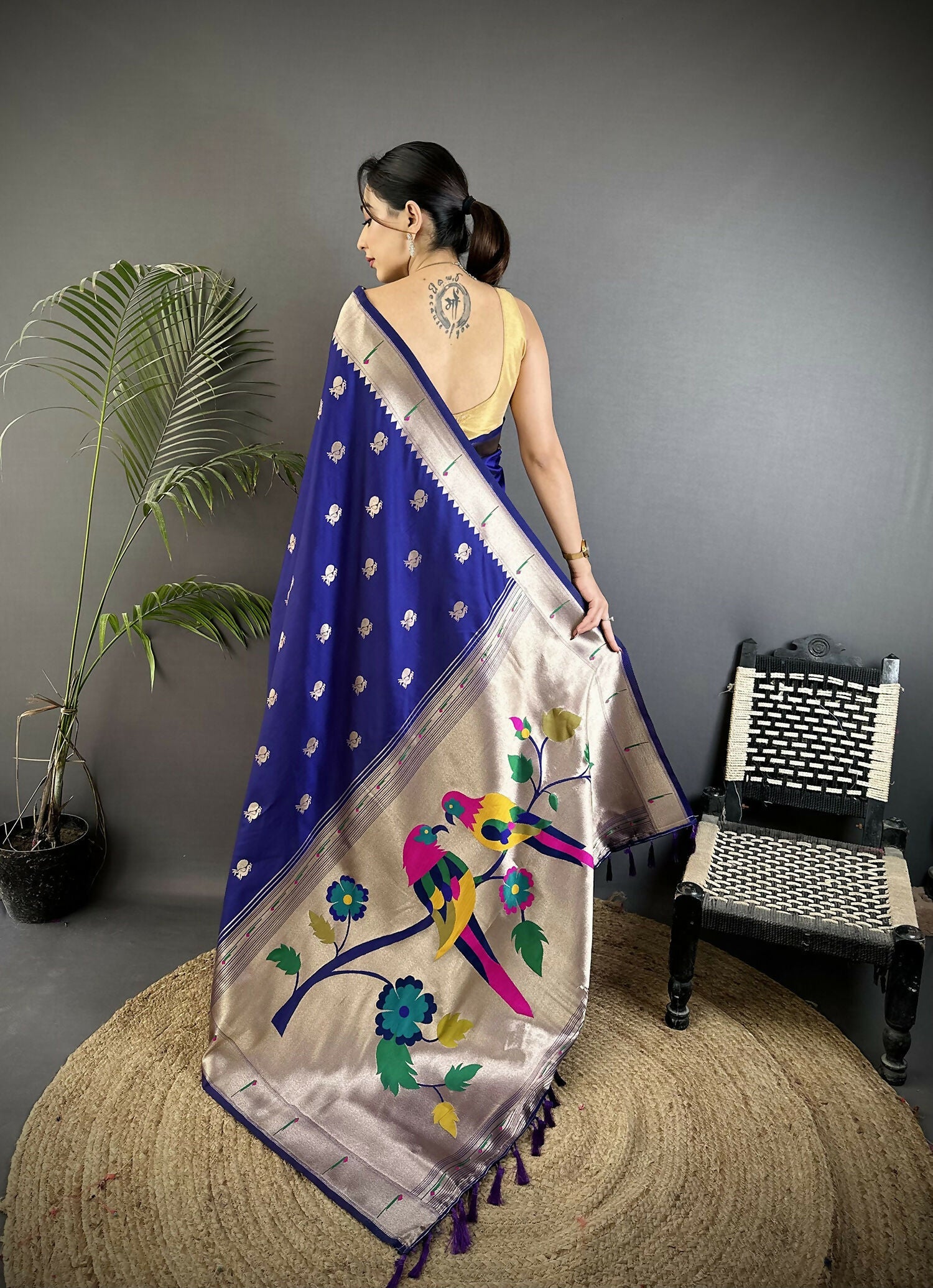 Joban Fashion Royal Blue Peacock & Floral Motifs Soft Silk Kanchipuram Saree