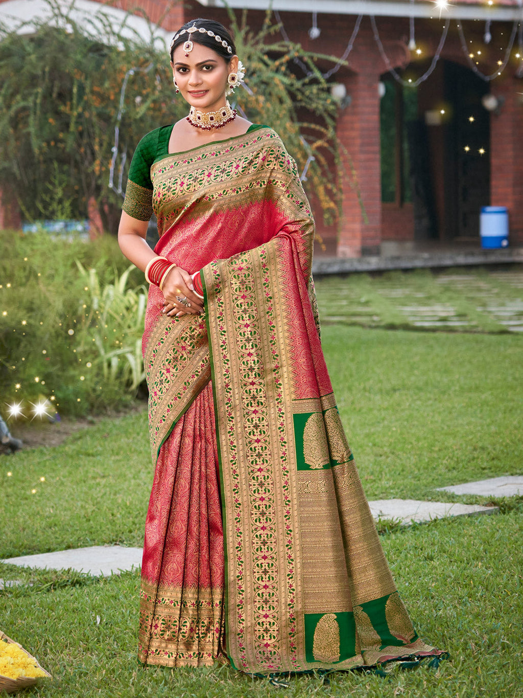 Anaita Coral Banarasi Saree With Blouse Piece