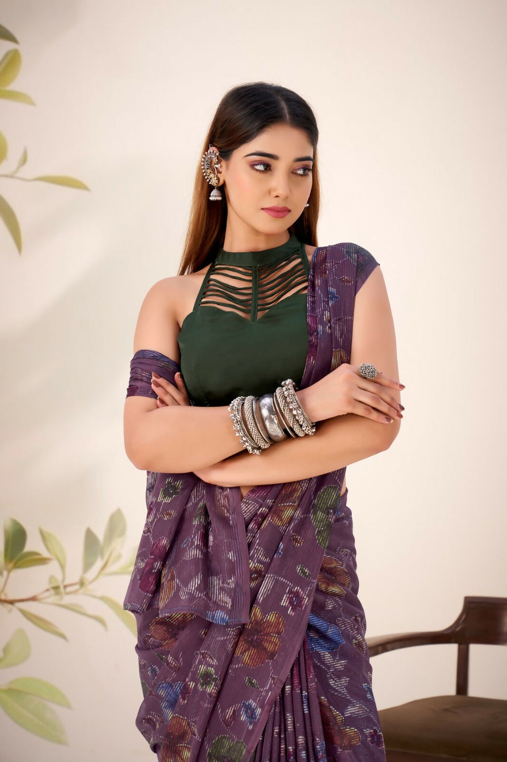Vastranavya Wine Lurex Brasso Floral Printed Saree with Unstitched Blouse