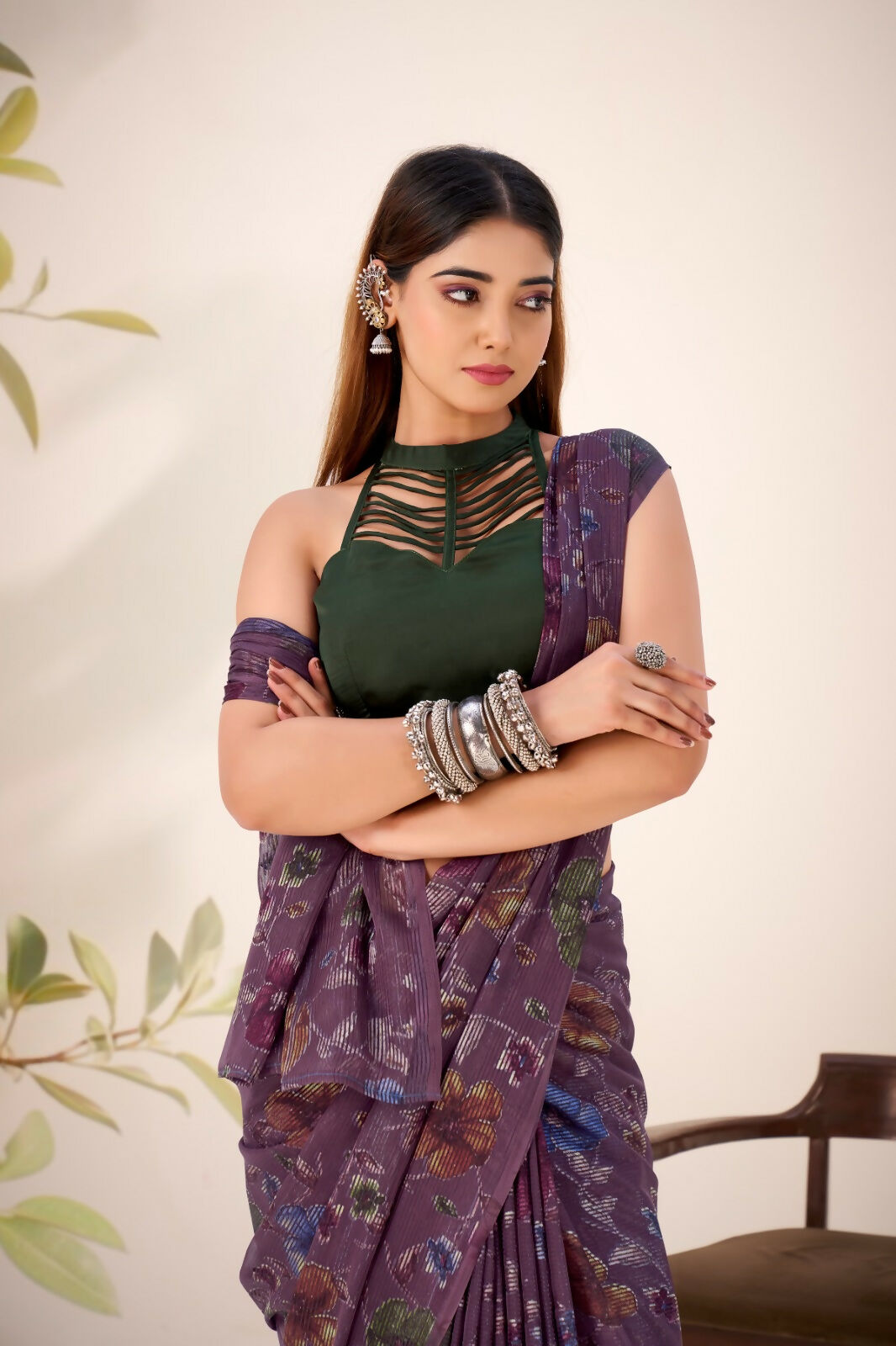 Vastranavya Wine Lurex Brasso Floral Printed Saree with Unstitched Blouse